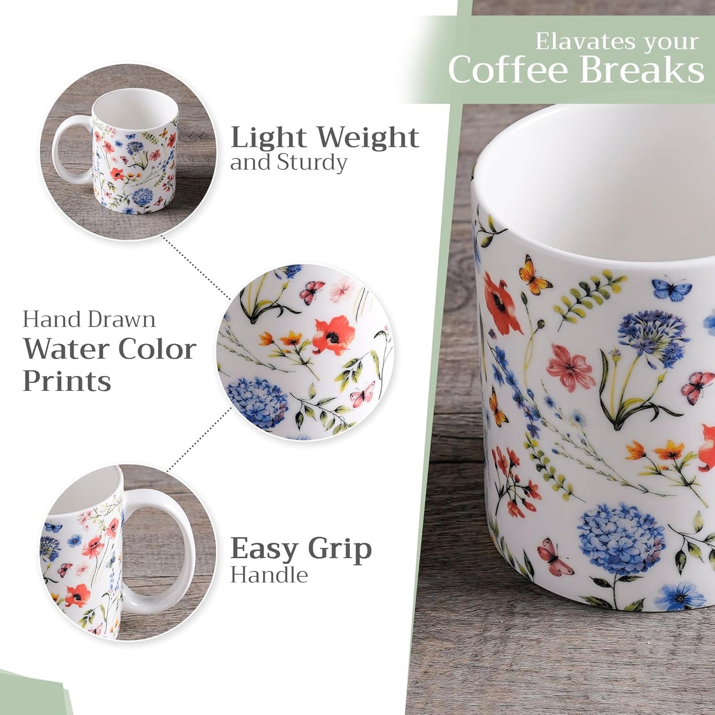 Maison d' Hermine Coffee Mug with Handles Fine Bone China Mugs Pack of Two Tea Cups for Hot Beverages Cappuccino Latte Home Restaurant Office Perfect for Gift (Just Floral, 12 Ounce)