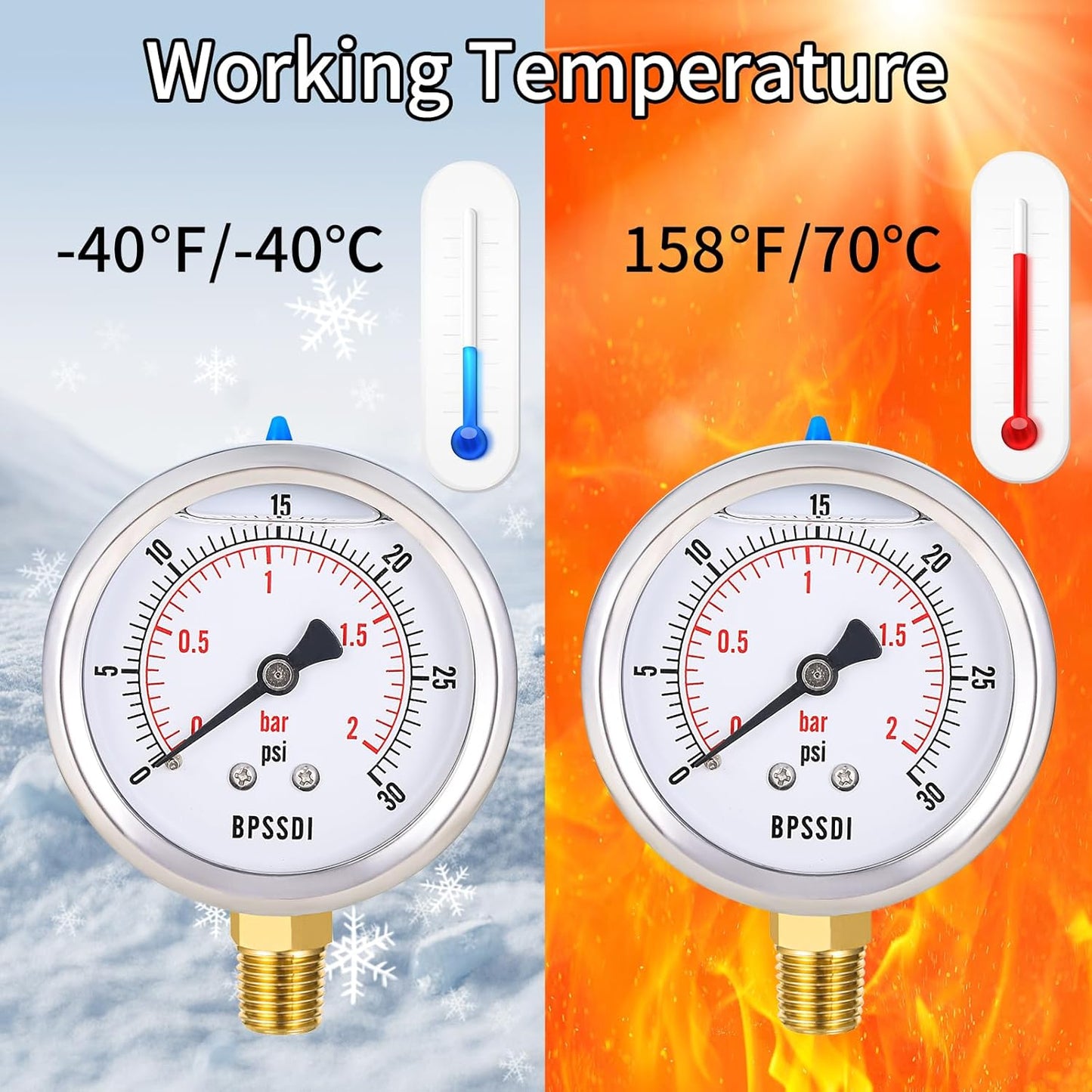 0-30 Psi Glycerin Liquid Filled Low Pressure Gauge, 2.5" Dial Size, 1/4" NPT Lower Mount, 304 Stainless Steel Case, for Water Pipe, HVAC, Water Oil Air Pressure Test