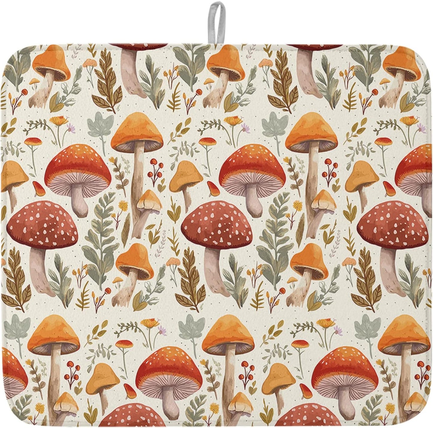 Fall Dish Drying Mat for Kitchen Counter Mushroom Drying Pad Absorbent Drying Mats for Countertops Sinks Draining Racks Autumn Plant Leaves Drainer Holiday Harvest Thanksgiving Decorations 16x18