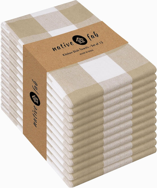 Native Fab 12 Pack Buffalo Check Kitchen Towel 16"x26" - Cotton Dish Towels Washable - Absorbent Tea Towels, Soft Hand Towel with Hanging Loop, Dish Cloth Set - Beige White