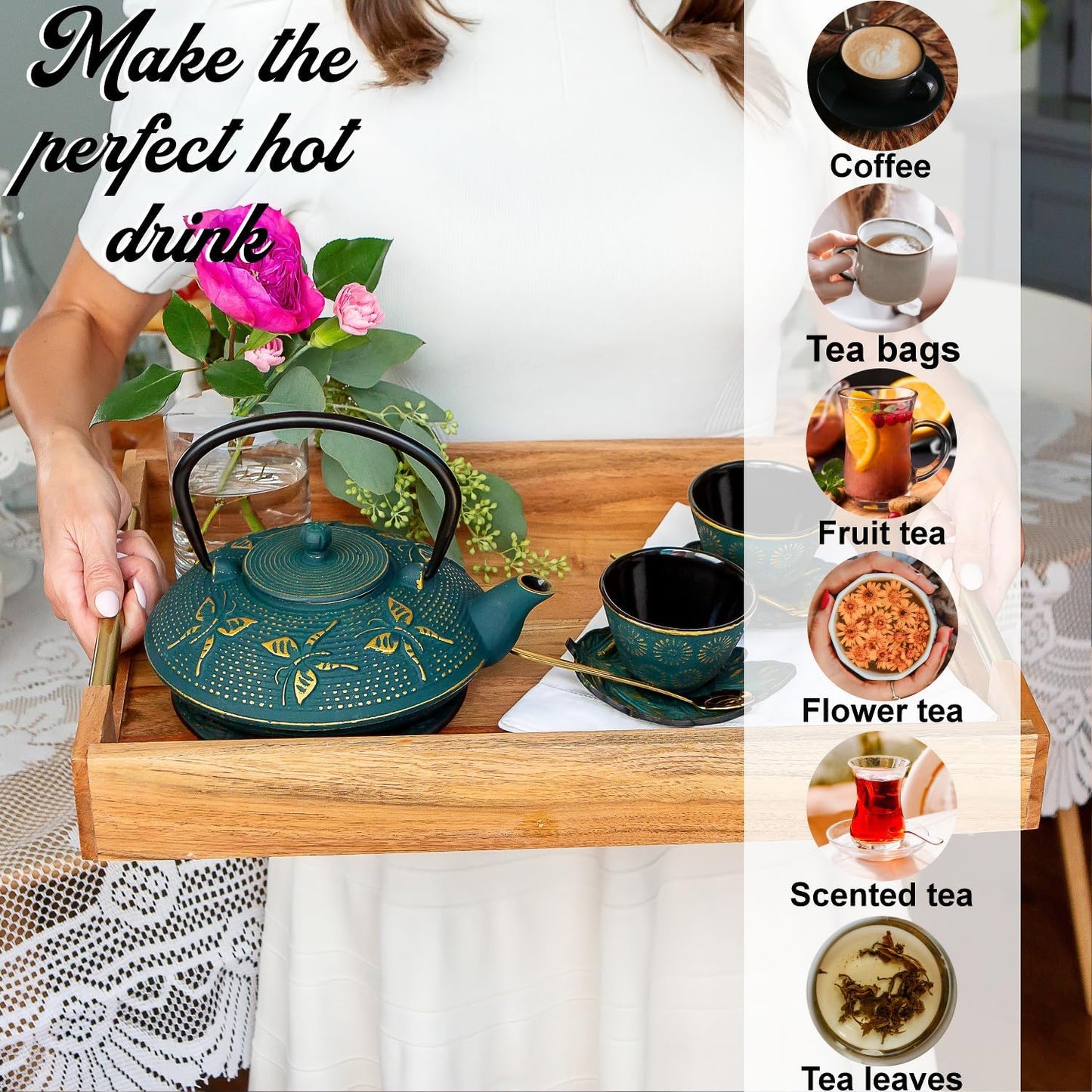 7PC Japanese Tea Set. "KIYOSHI Green" Cast Iron Tea Pot with 2 Tea Cups, 2 Saucers, Infuser and Teapot Trivet. Ceremonial Matcha Accessories