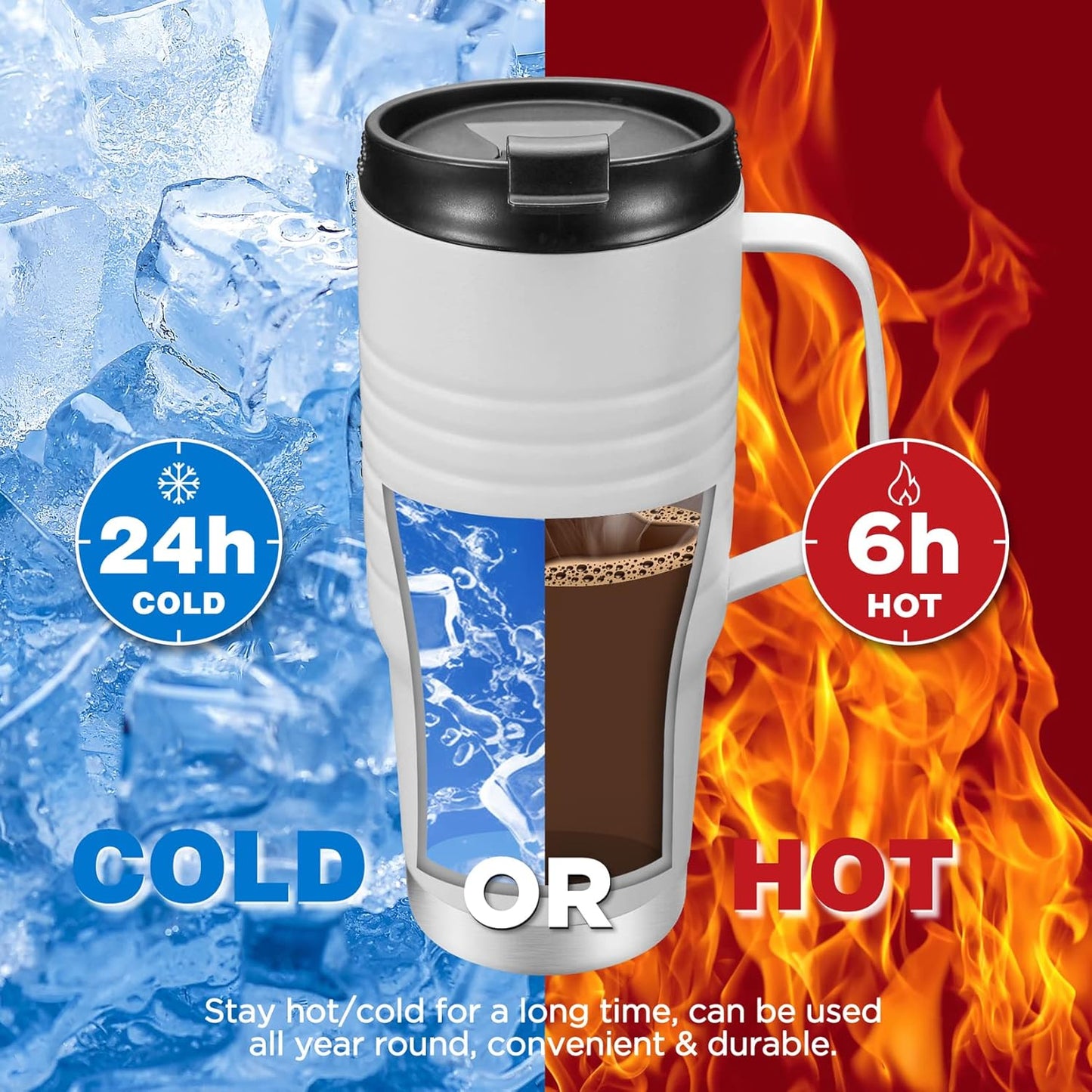 HAUSHOF 24 oz Travel Mug with Handle, Stainless Steel Vacuum Insulated Coffee Mug, Double Wall Travel Mugs with Leakproof Lid, BPA Free