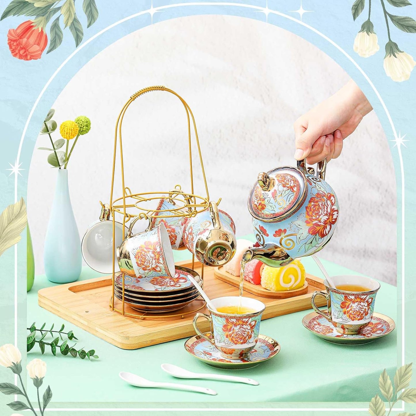 Zhehao 20 Pcs Porcelain Tea Set with Metal Holder and Spoon Adult Ceramic Tea Party Set European Flower Painting Teapot Cup Saucer Spoon Set for Women, Large Version(Retro Style)