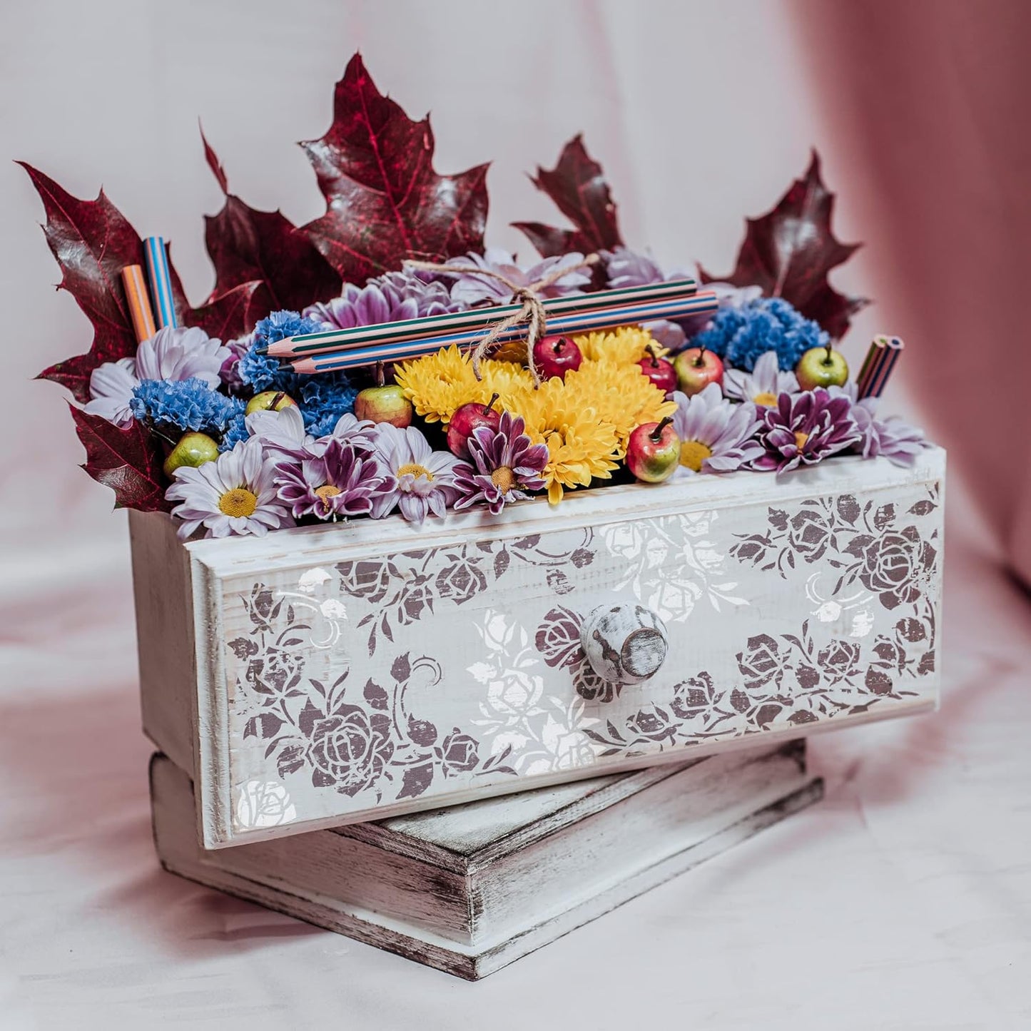 NAKLEO DIY Reusable Plastic Stencil - 30x42cm / 11.7” x 16.5” - Rose Flower Ornament - Art Craft Wall Painting Pattern Template Scrapbooking Decoupage - Fabric Furniture Wood