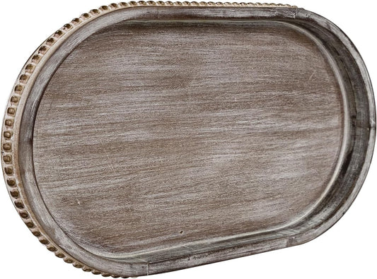 MAONAME Wood Serving Tray, Farmhouse Wooden Tray for Coffee Table, Oval Beaded Trays, Vintage Brown Decorative Trays for Living Room, Kitchen, 15" X 9" X 1.2"