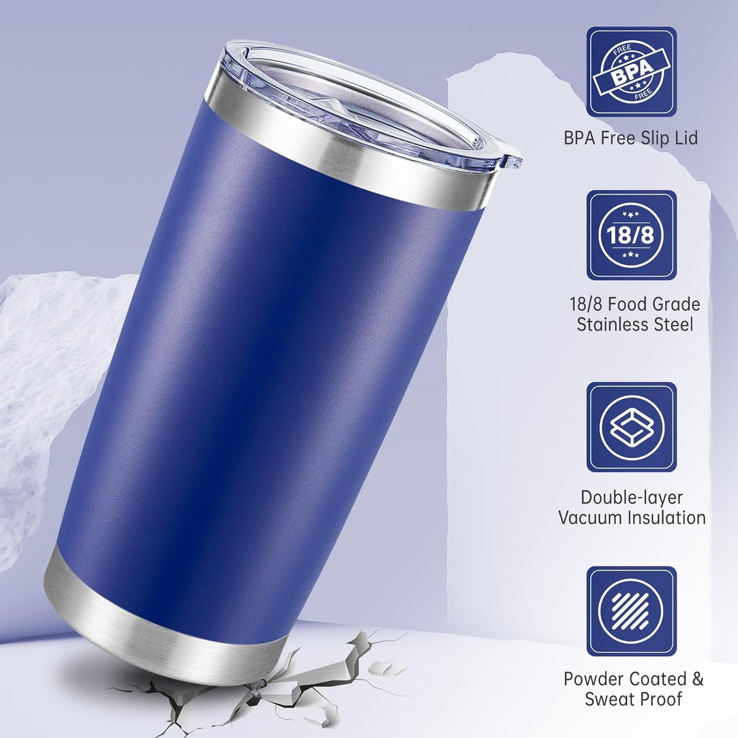 20 oz Tumbler Stainless Steel Tumblers with Lid Double Wall Vacuum Insulated Coffee Mug 20oz Powder Coated Cup for Hot and Cold Drinks, Blue, 1 pack