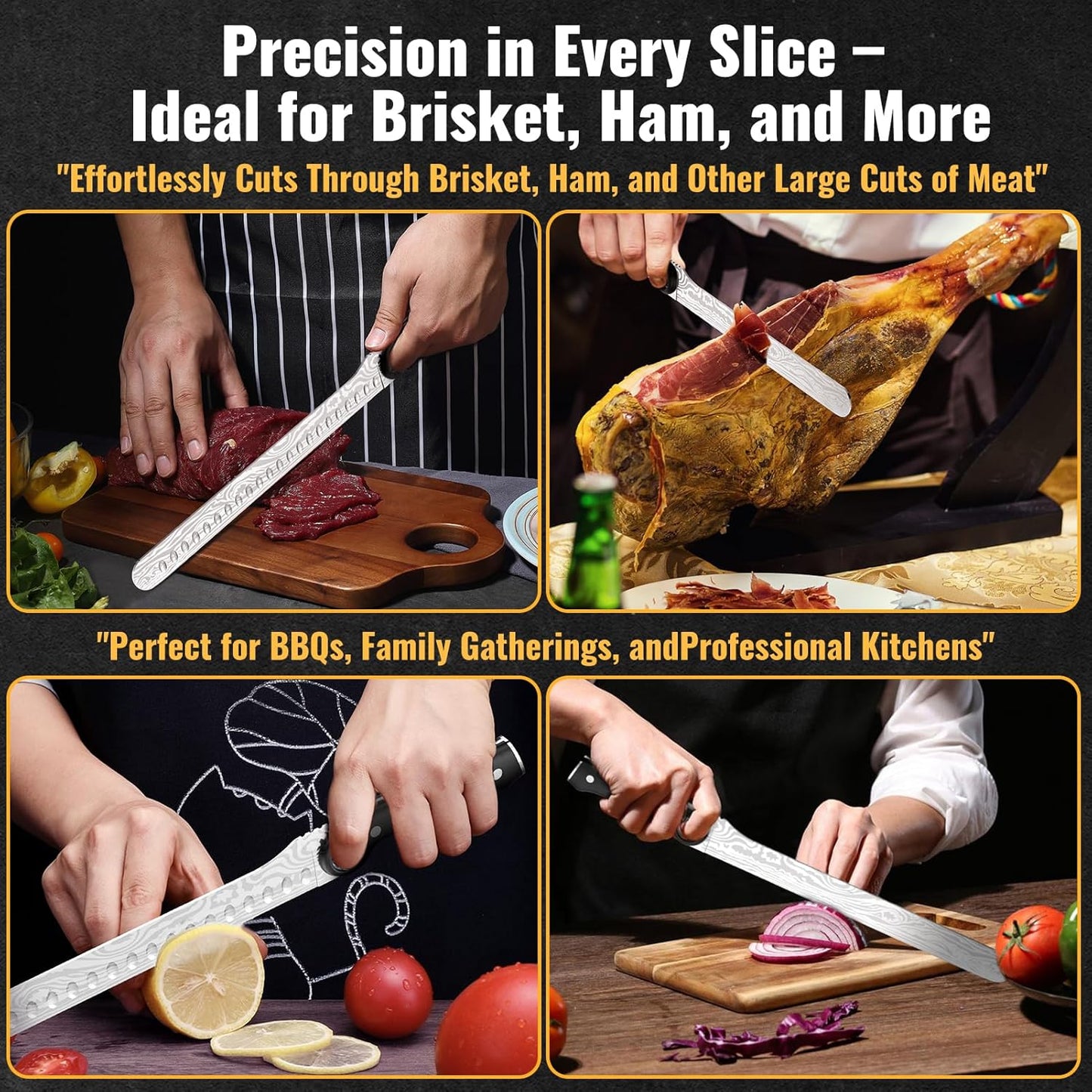 12-Inch Slicing Carving Knife with Unique Grip Ring & Non-slip Serrated Spine | Ultra-Sharp High-Carbon Stainless Steel Blade & Damascus Pattern for Brisket Meat Cutting | Pakka Wood Handle