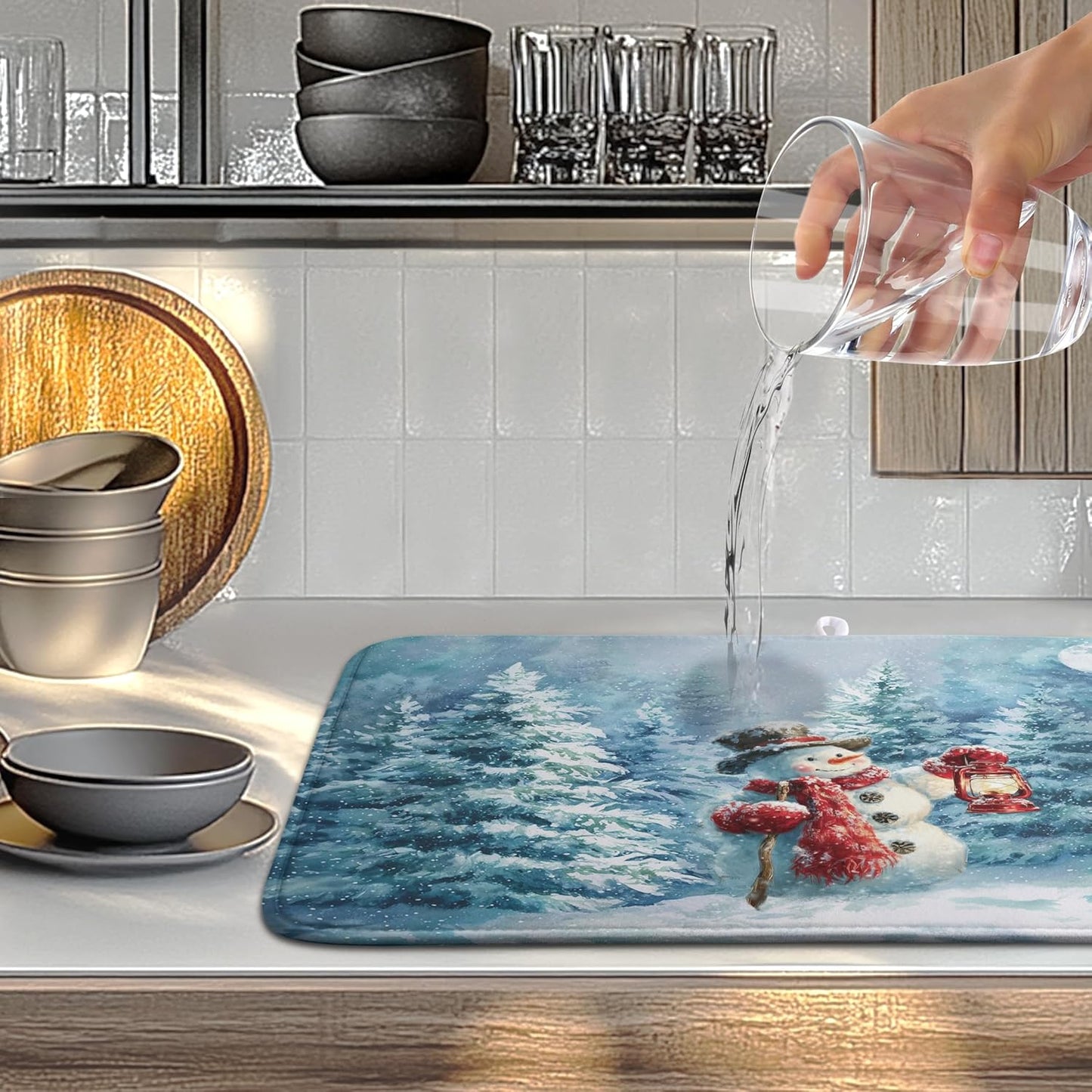 Winter Blue Snowman Dish Drying Mat Christmas Pine Tree Large Kitchen Mats Dish Drying Pad Xmas Absorbent Dish Dryer Mat for Kitchen Countertops Microfiber Drainer Pad Dish Drying Mats (18x24 in)