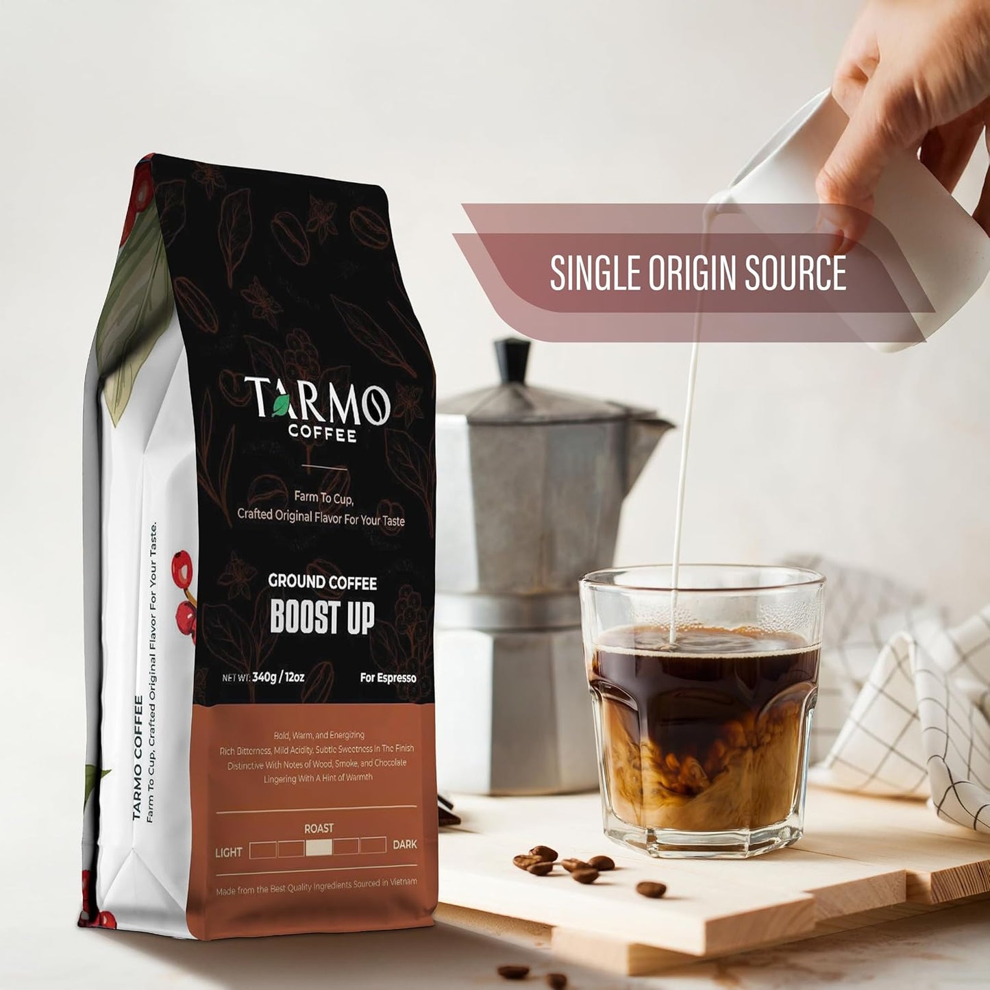 TARMO -BOOST UP | Low Acid ARABICA & ROBUSTA BLEND Ground Coffee | Specialty Vietnamese Coffee | Single Origin - Dark Roast | High Caffeine Coffee Ground | 12 Oz Bag