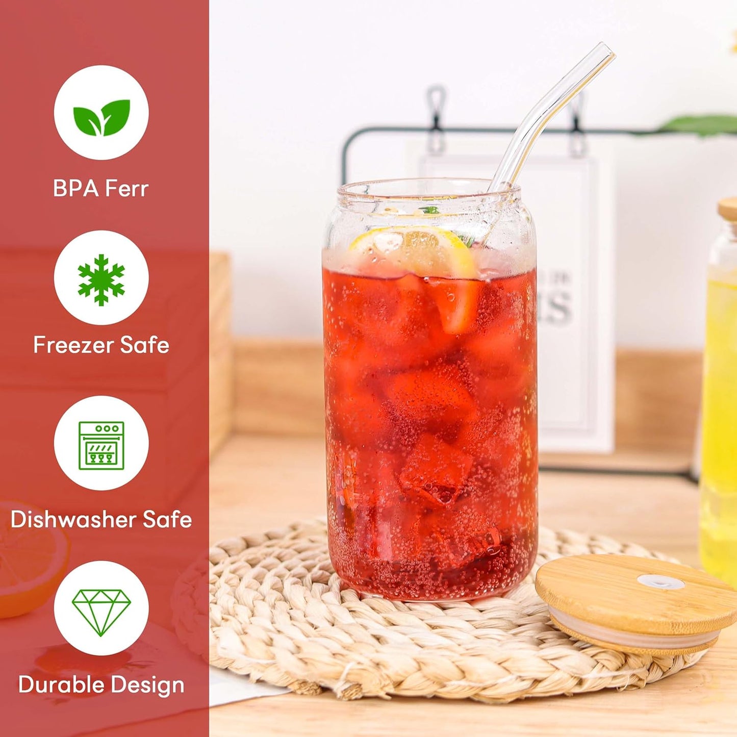 Joyclub Glass Cups with Bamboo Lids and Straws 6 Set 16 oz Reusable Iced Coffee Cup Beer Can Drinking Jars for Smoothie Whiskey Boba Soda Tea Gift