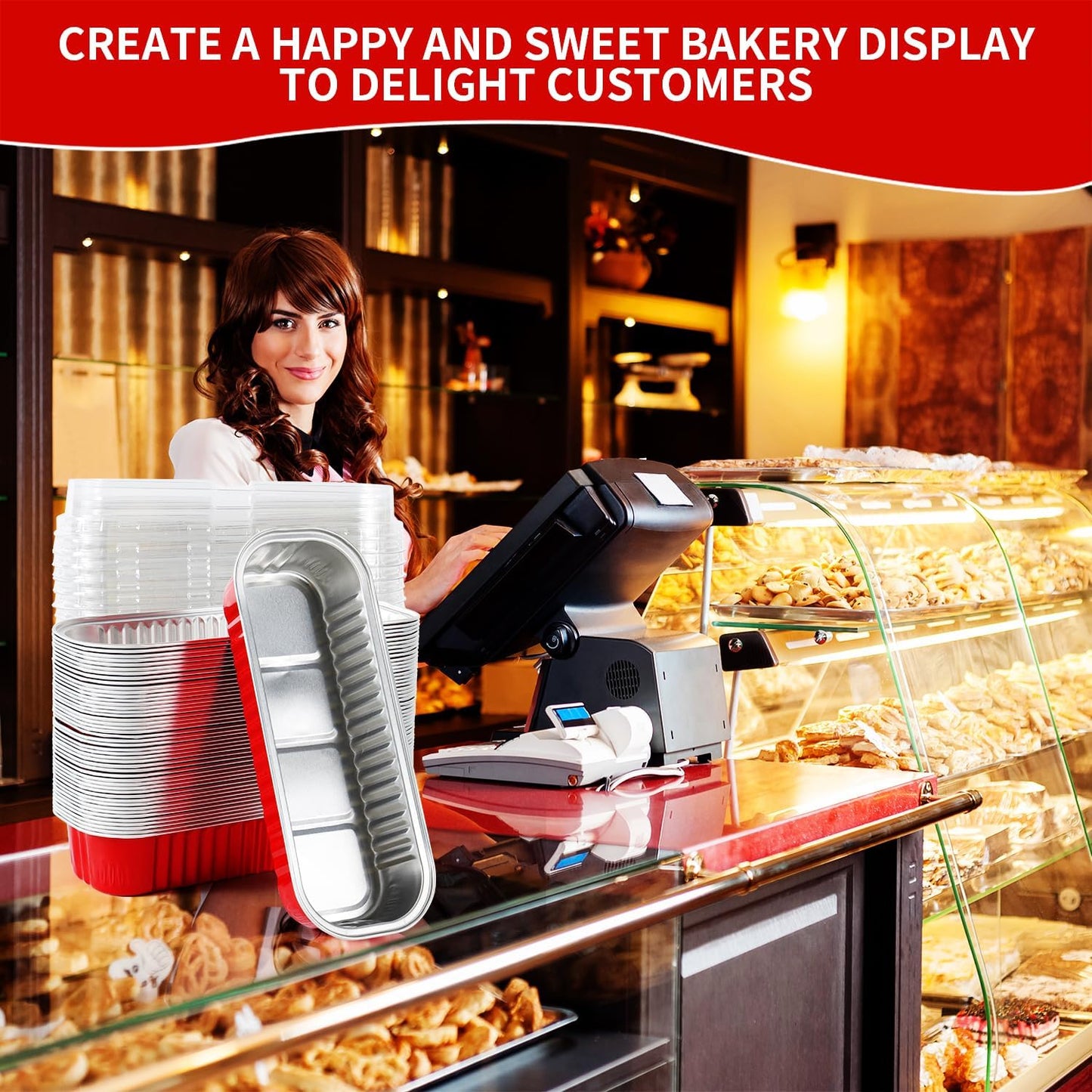 Mini Loaf Pans with Lids and Spoons Sealing Sticker,30 Pcs 6.8oz Cake Pans for Baking Disposable Aluminum Foil Red cake pan (30 Pack Red)