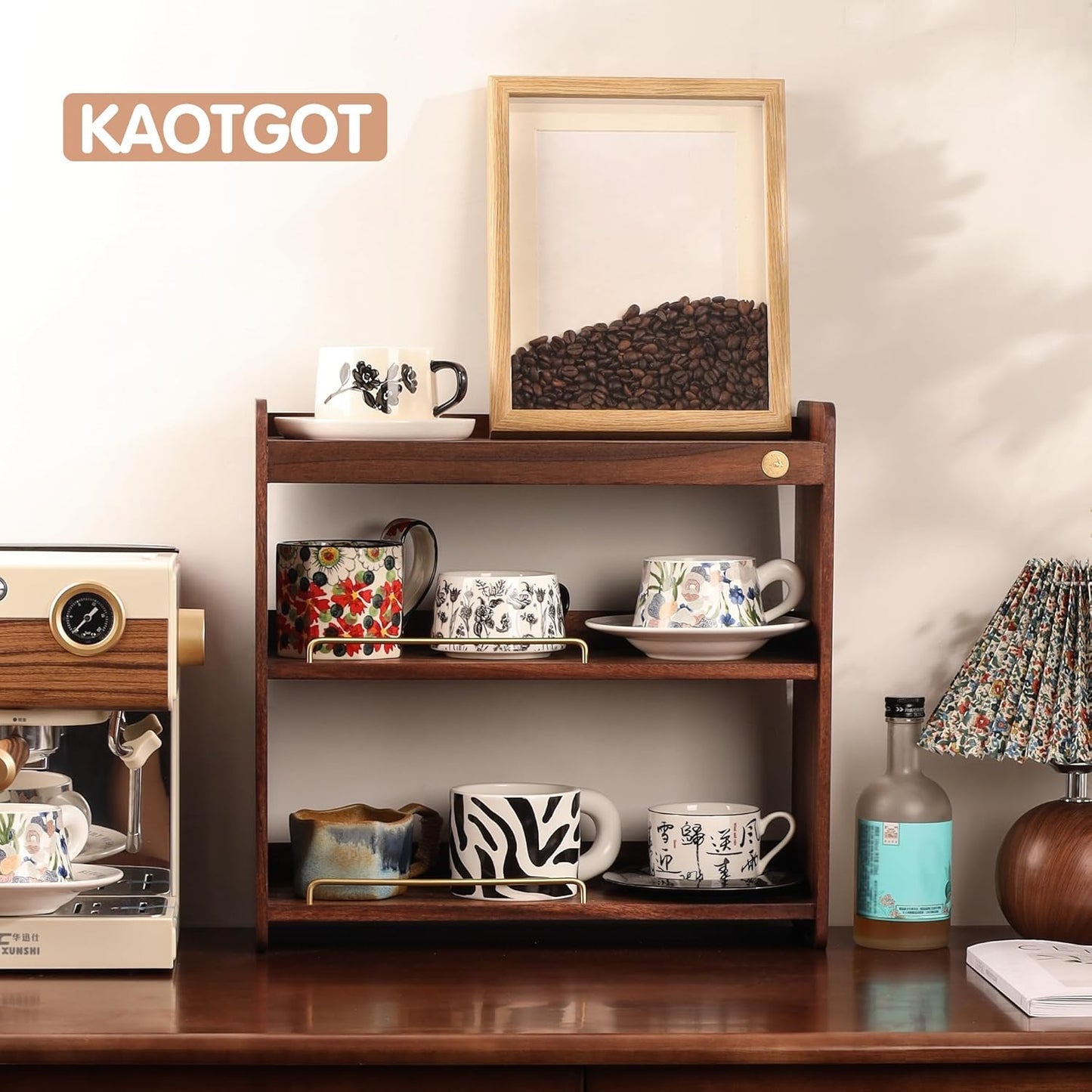 Coffee Mug Holder Wooden Cup Rack Mug Display Shelf Coffee Cup Holder for Countertop With 6 Mug Cups 3 Tier Wood Coffee Mugs Holder for Kitchen Coffee Cup Storage