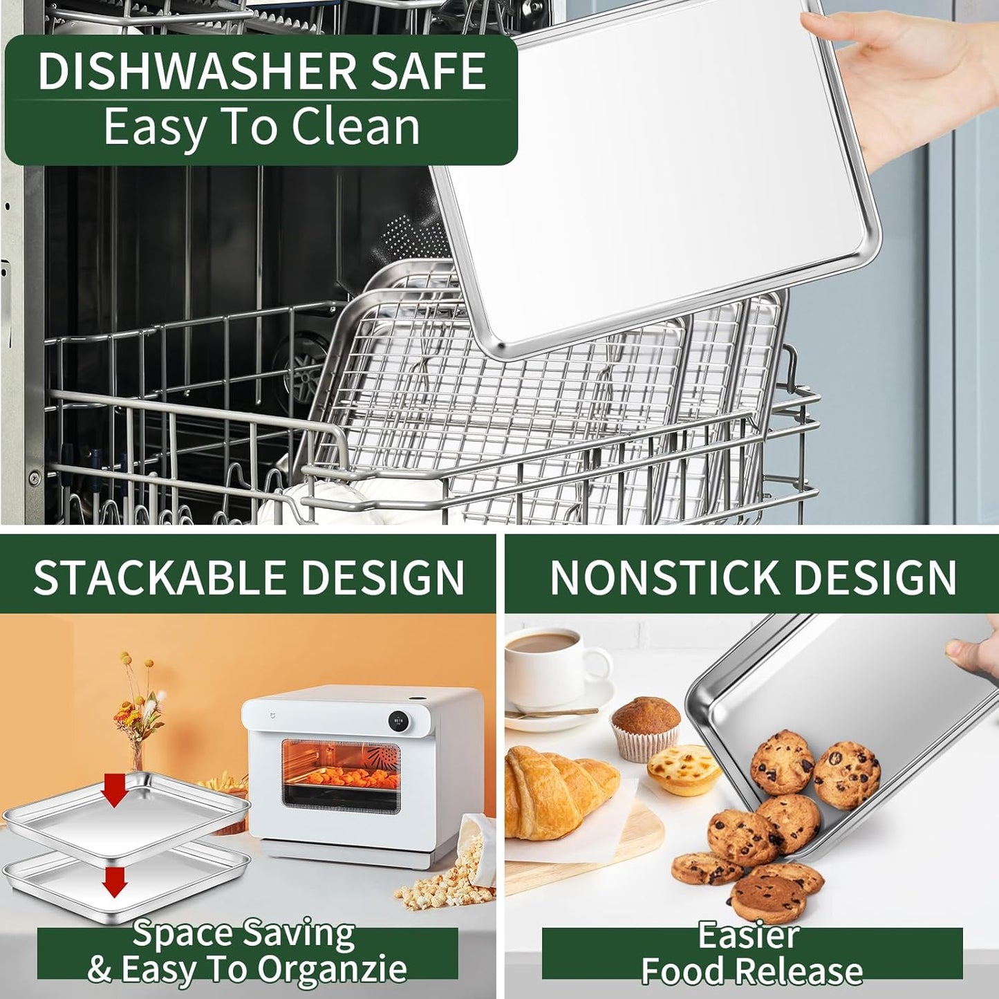 CEKEE Baking Sheet and Cooling Rack Set, 4PCS Stainless Steel Cookie Sheets for Baking with Baking Rack, Non Toxic & Heavy Duty & Easy Clean Baking Pan Tray for Toaster Oven, Size 18 x 12 x 1 Inch