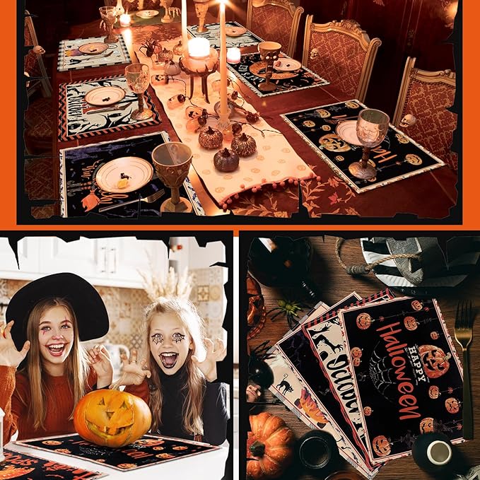 Umigy 6 Pcs Halloween Placemats 12"x18" Gothic Bat Placemats Kitchen Decoration Washable Witch Place Mats Rectangle Skull Table Mats for Halloween Dining Table Accessories(Classic)