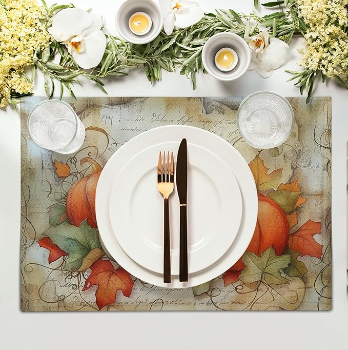 Fall Pumpkin Maple Leaf Placemats Set of 4, 12x18 Inch Vintage Autumn Harvest Rustic Leaves Table Mats Seasonal Fall Thanksgiving Washable Linen Fabric Place Mats for Party Kitchen Dining Decor