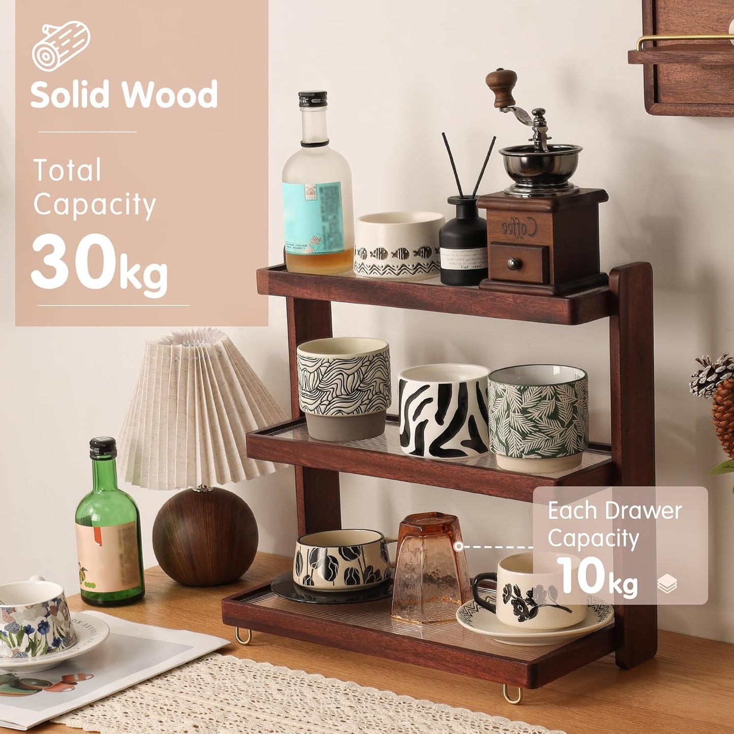 Coffee Mug Holder Wooden Cup Rack,3-Tier Acrylic Home Coffee Mug Display Rack for Kitchen Countertops, Coffee Bars, for Placing Mugs, Coffee Beans, Syrup, Cups, Stirrers