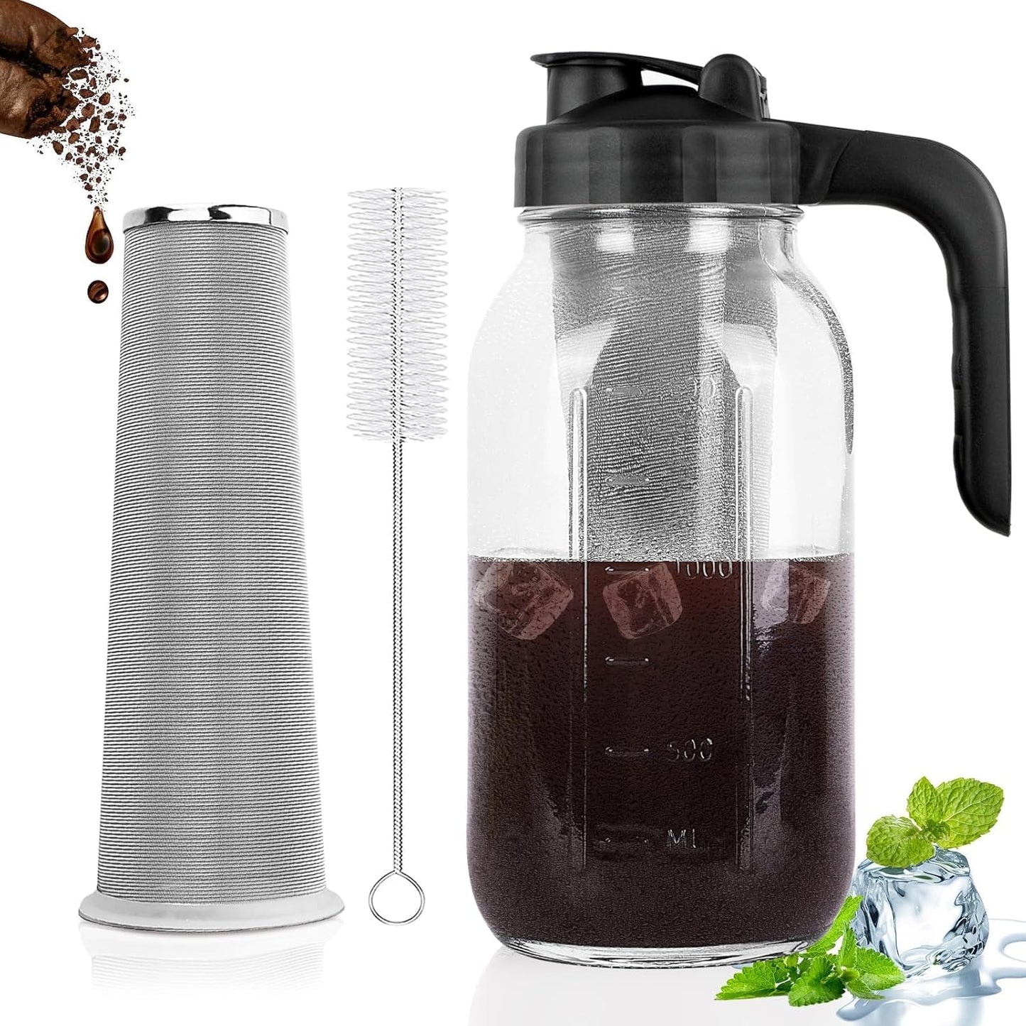 Cold Brew Coffee Maker Pitcher, 64 Oz Heavy Duty Glass Mason Jar Pitcher with V-shaped Pour Spout Handle Lid,Stainless Steel Filter for Iced Coffee,Iced tea,Fruit Drinks,lemonade - Black