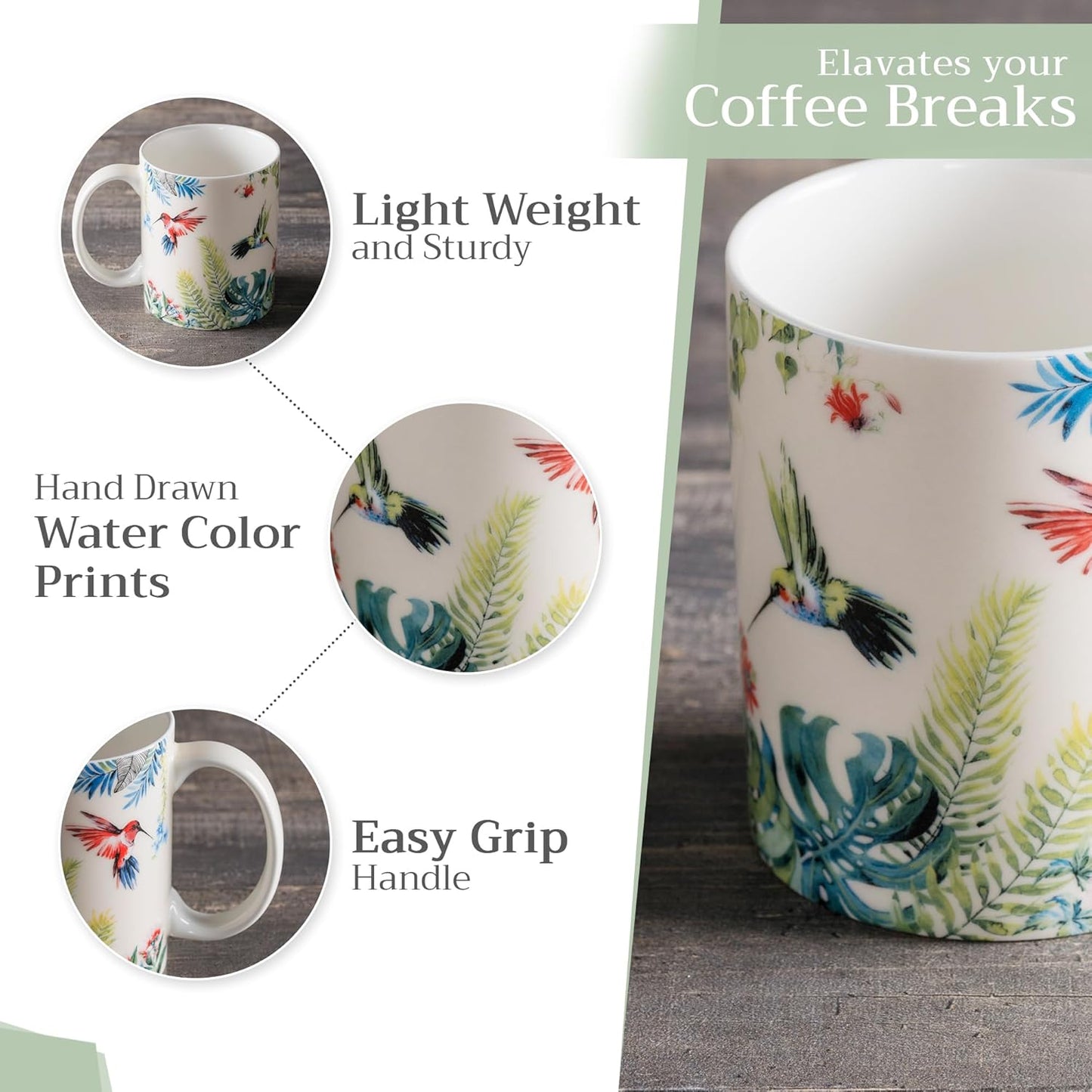 Maison d' Hermine Coffee Mug with Handles Fine Bone China Mugs Pack of One Tea Cups for Hot Beverages Cappuccino Latte Home Restaurant Office Perfect for Gift (Tropiques - Colibris, 12 Ounce)