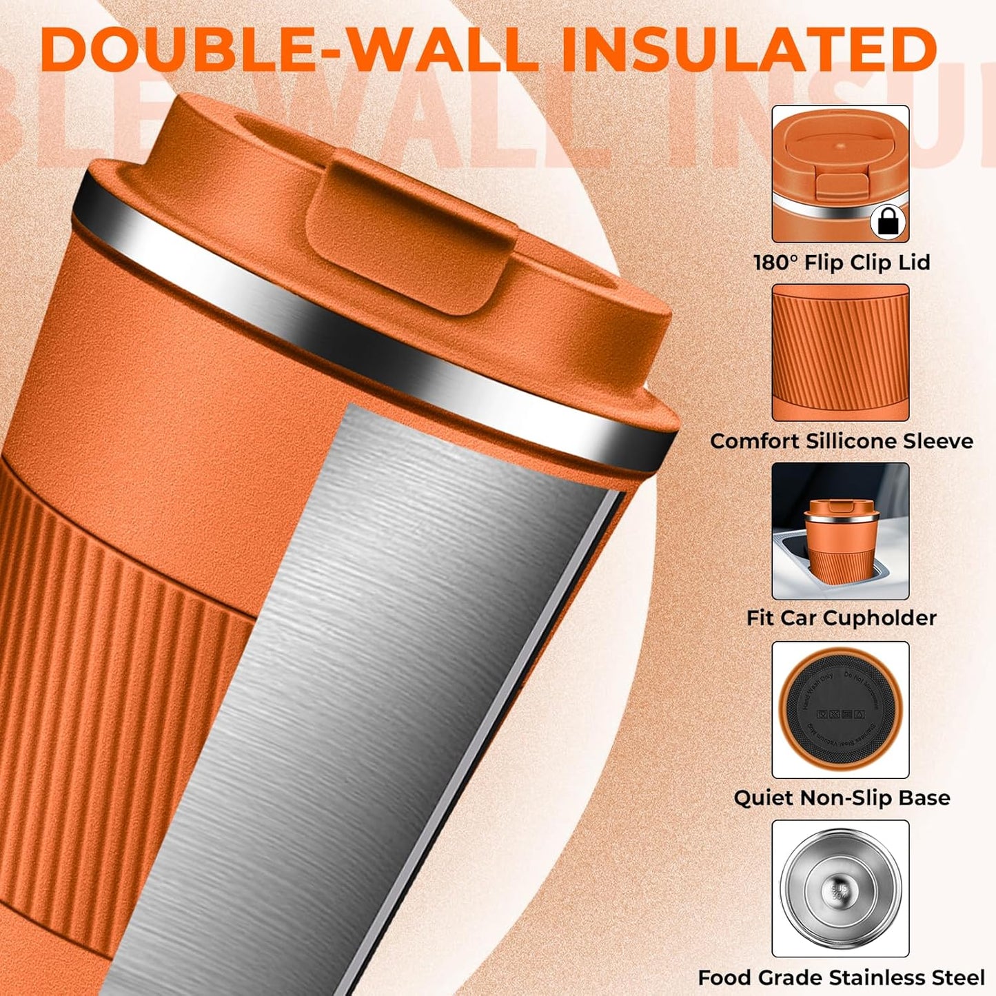 Insulated Coffee Tumbler 12 oz, Stainless Steel Coffee Mug with Lids, Travel Coffee Mug Leak Proof, Double Wall Vacuum Insulated Reusable Coffee Cup, Keep Drinks Hot and Cold (Orange, 12 Ounces)