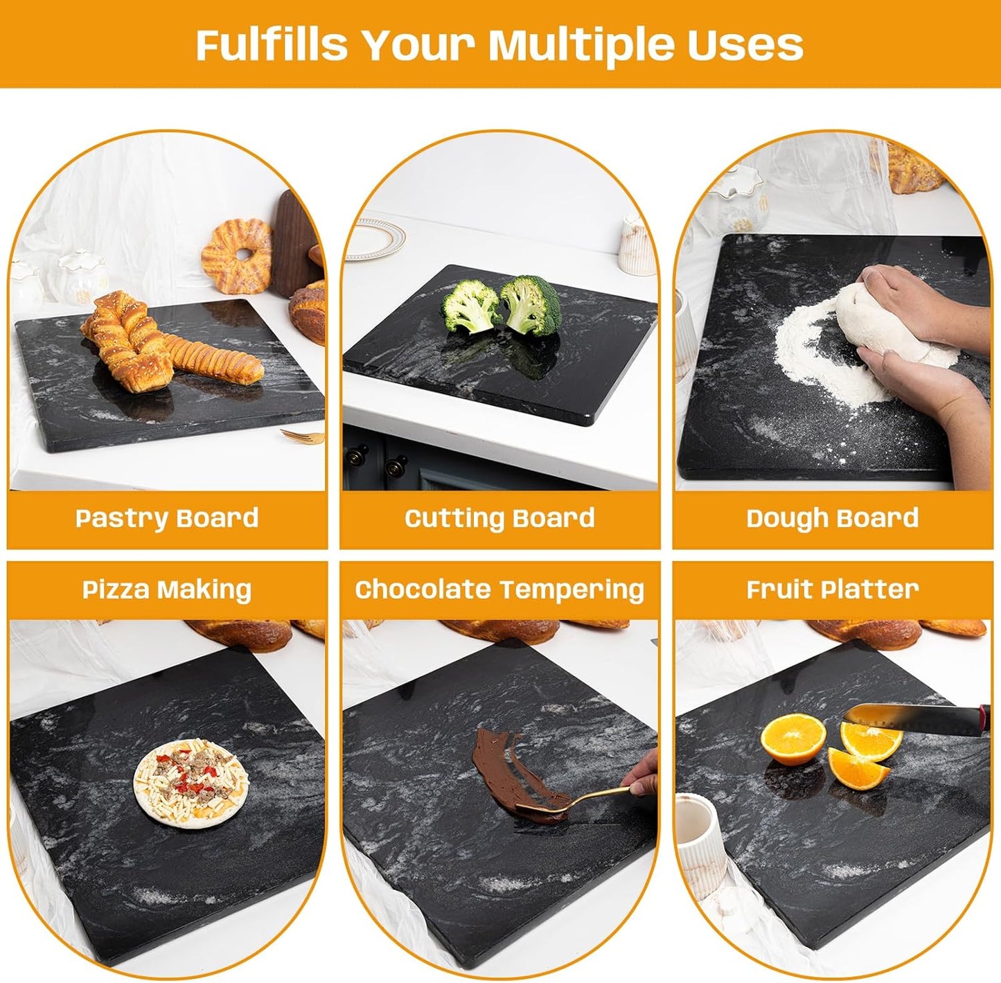 Marble Cutting Board For Kitchen, Pastry Board, Black Marble Slab Gift With Non-Slip Feets, 16x16 Inch, Pack Of 1 Piece