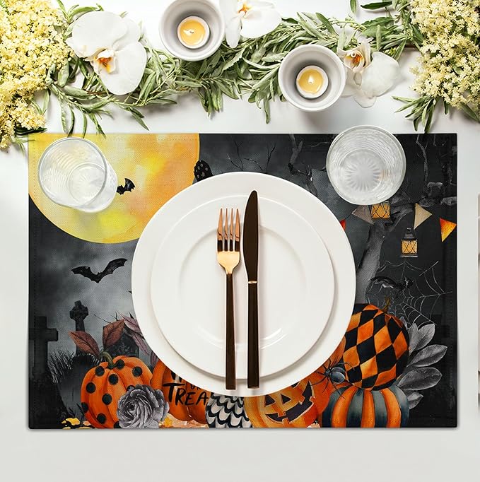 Black Cat Halloween Placemats Set of 4 Spooky Pumpkin Boo Bat Moon Horror Place Mats 12x18 Inch Seasonal Washable Linen Table Mat for Party Kitchen Dining Outdoor Indoor Decor