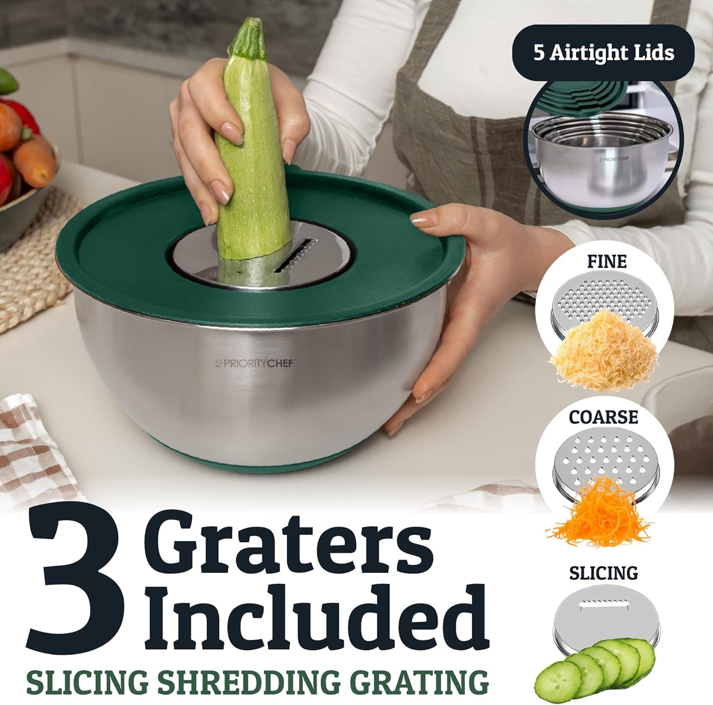Priority Chef Stainless Steel Mixing Bowls with Lids Set, 3 Grater Attachments, Airtight Lids, Non-Slip Silicone Base Mixing Bowl Set, Large Prep Metal Mixing Bowls for Kitchen, Green