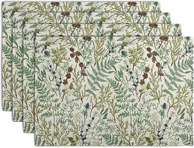 Sage Green Botanical Floral Placemats Set of 4 Vintage Tropical Herbs Fern Leaves Place Mats 12x18 Inch Seasonal Plant Spring Summer Linen Fabric Table Mats for Party Kitchen Dining Decor