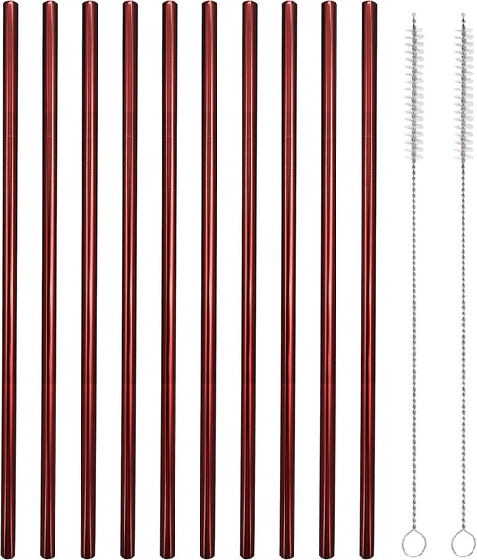10 Pcs Stainless Steel Straws, Reusable Drinking Straws, Straight Metal Straw Sets with 2 Pcs Cleaning Brushes (8.5 Inch, Red)