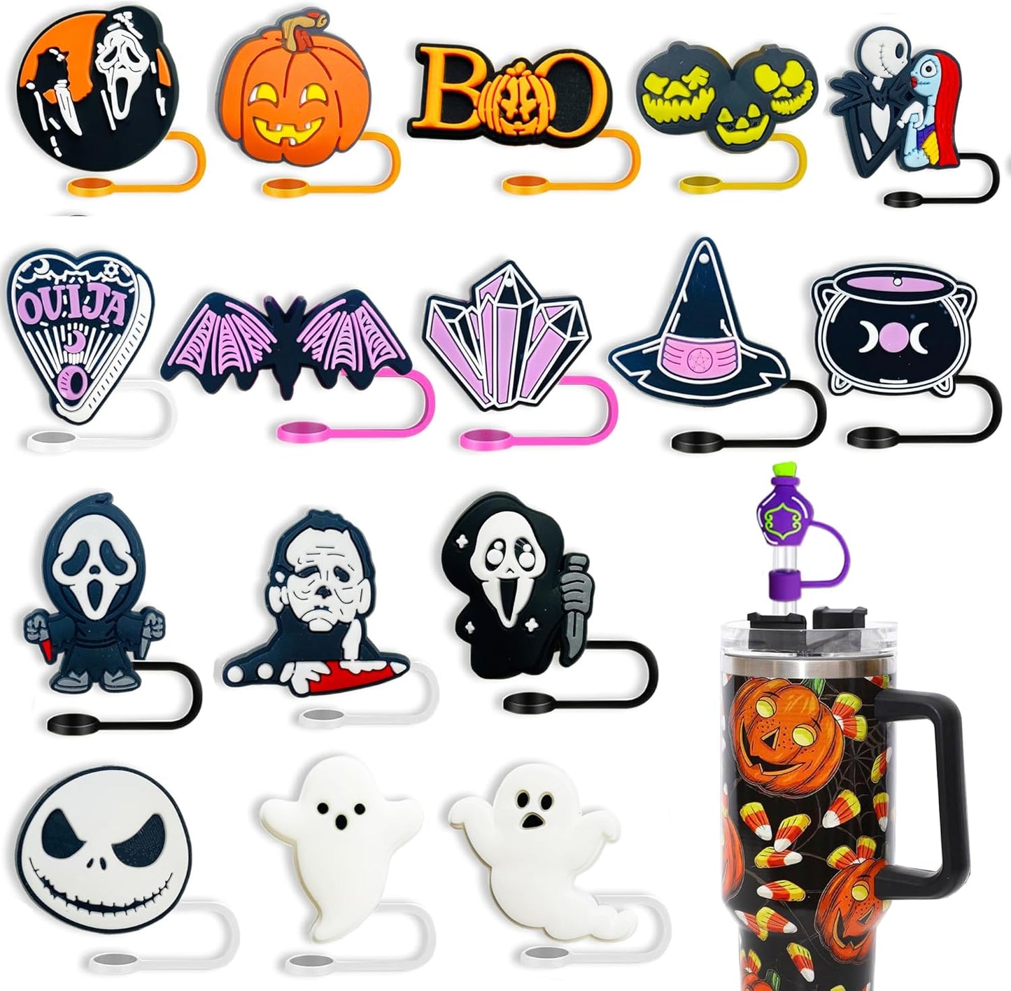 16PCS Halloween Straw Toppers for Stanley Cup, Cute Silicone Skull Ghost Straw Covers Cap Compatible with 30&40oz Tumbler with Handle,10mm 0.4in Dust-Proof Reusable Tips Lids for Halloween Gifts