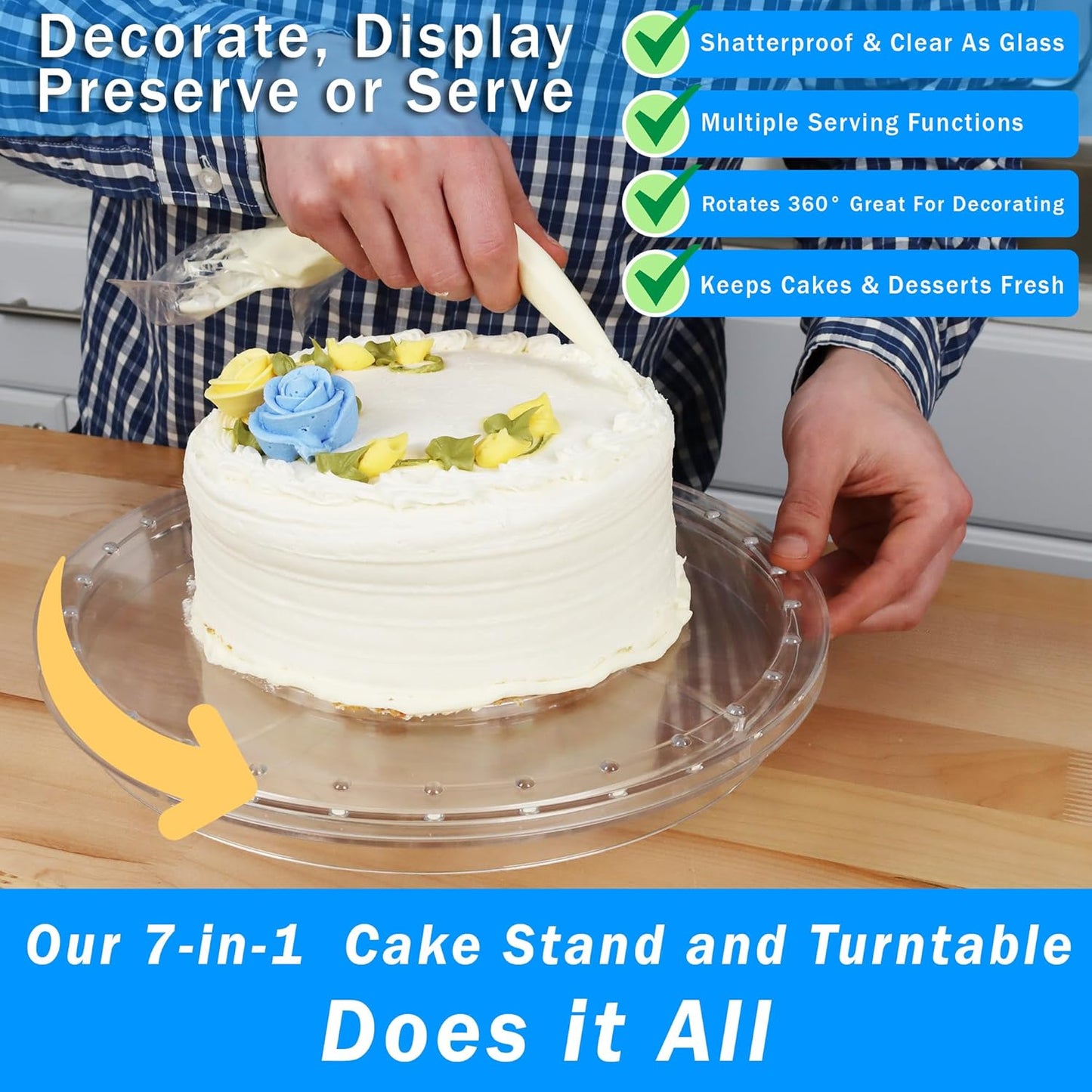 7 in 1 Multifunctional Acrylic Cake Stand with Lid & Cake Turntable for Decorating (12") - Turntable Decorating Kit Serving Salad Bowl/Veggie Platter/Punch Bowl/Desert Platter/Chips & Dip - BPA Free