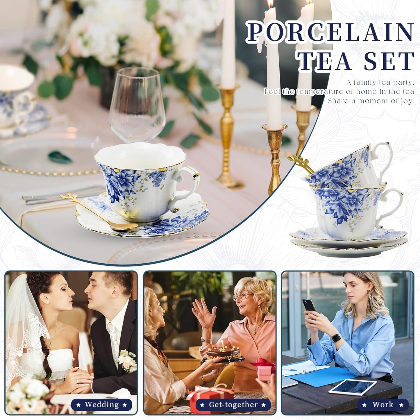 TATSUMI Country Roses Bone China Tea Cup and Saucer Set, 3 Pieces, Vintage Style, For Women and Tea Parties(Rose Blue,1 Set)