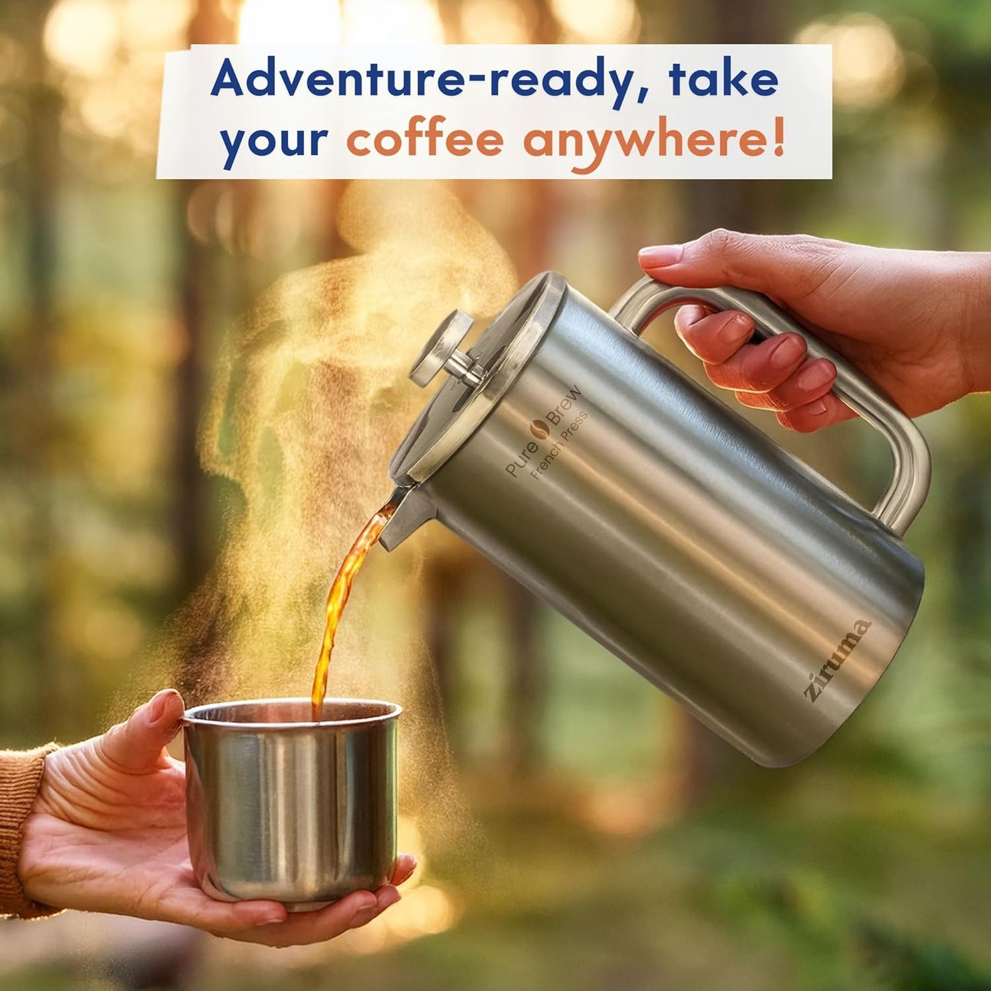 Ziruma Non-Toxic French Press, Surgical Stainless Steel Coffee Press, Plastic-Free, Heavy Metal-Free, No Endocrine Disruptors, 34 Oz, Double Wall, 4-Layer Filter, Portable Coffee Maker