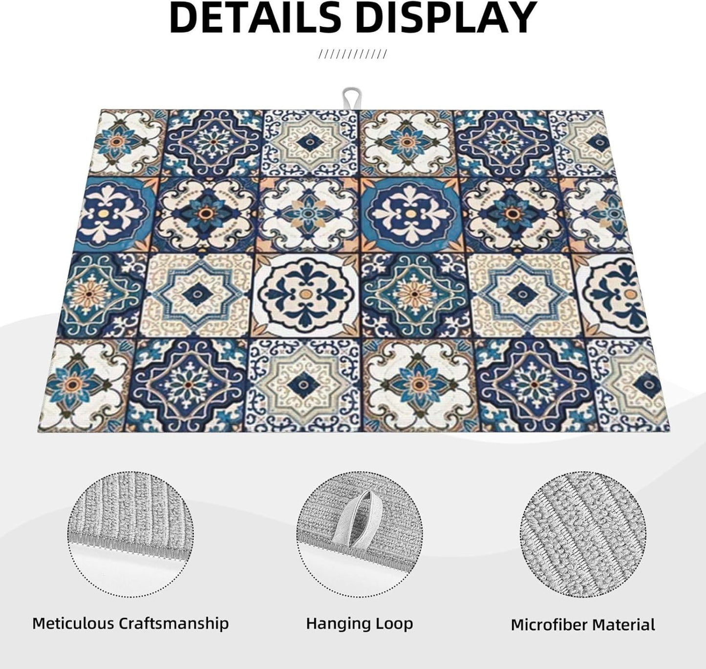 2Pcs Dish Drying Mats Faucet Mats Sets Large Size Coffee Mats Sink Faucet Mat Splash Guard for Kitchen Counter Bathroom Sink Coffee Bar Kitchen Decor (Blue Boho, 18"x24" 15" x 5.5"Set)