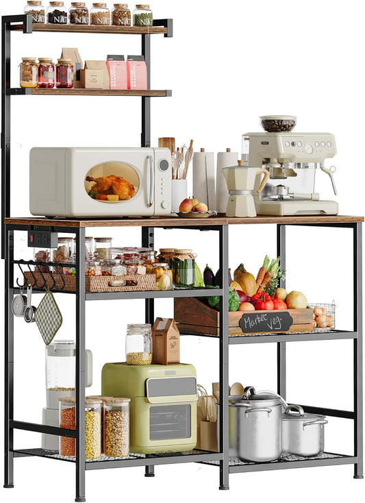 Huuger 39.4 Inch Bakers Rack with Power Outlets, Kitchen Microwave Stand with Storage, Coffee Bar with 4 Hooks, 3-Level Height Open Shelves, Rustic Brown