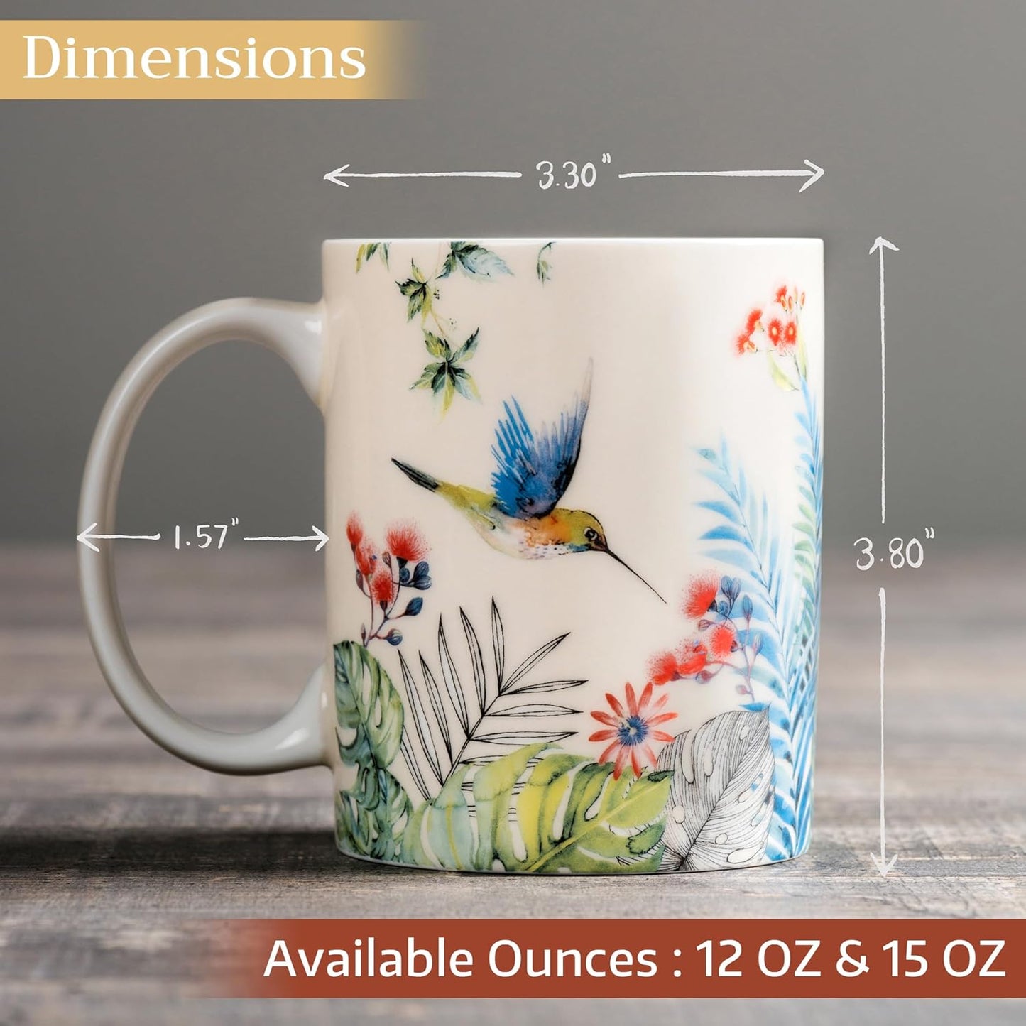 Maison d' Hermine Coffee Mug with Handles Fine Bone China Mugs Pack of One Tea Cups for Hot Beverages Cappuccino Latte Home Restaurant Office Perfect for Gift (Tropiques - Colibris, 15 Ounce)