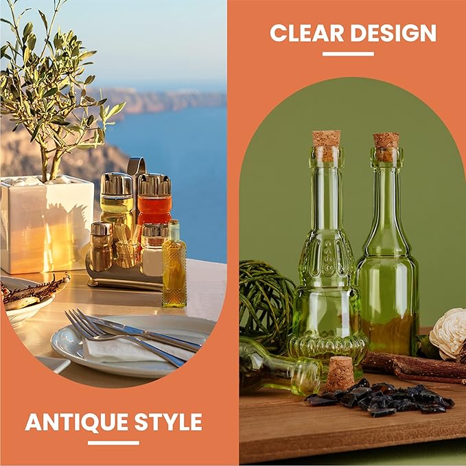 Small Mini Green Vintage Glass Bottles with Corks, Mini Vases, Decorative, Potion, Assorted Design Set of 12 pcs, 4.6 Inch Tall (11.43cm), 1.4 Inch Wide (3.56cm)