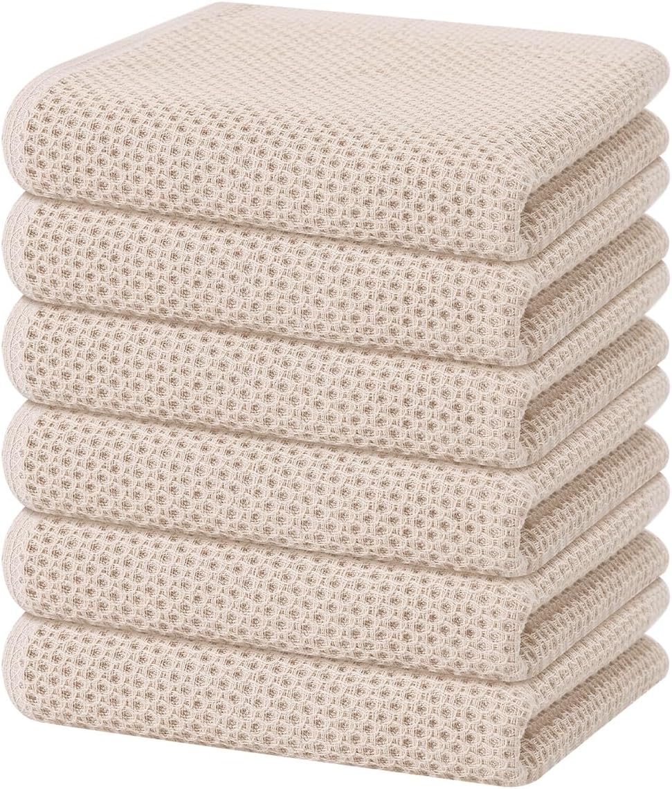 Homaxy 100% Cotton Waffle Weave Kitchen Dish Towels, Ultra Soft Absorbent Quick Drying Cleaning Towel, 13 x 28 Inches, 6-Pack, Beige
