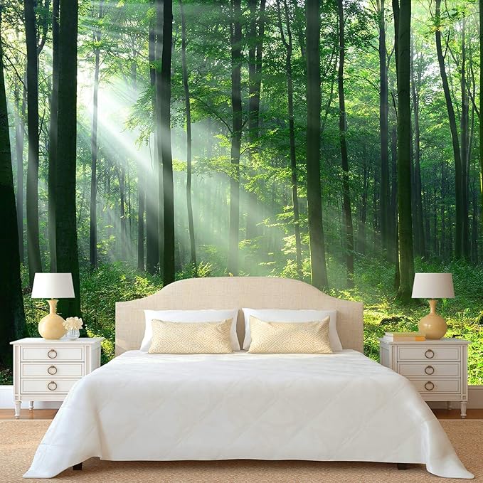 WFBHUA-Green Woodland Wallpaper Mural Foggy Forest Tree Wallpaper Nature Landscape Wall Murals for Bathroom Living Room (Not Peel and Stick)