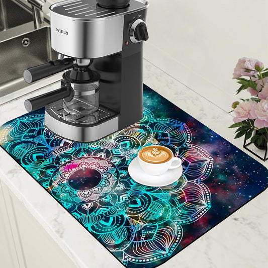 Abstract Mandala Galaxy Star Dish Drying Mat for Kitchen Counter Coffee Mat Hide Stain Absorbent Rubber Backed Dish Drainer Rack Pad Espresso Machine Coffee Bar Accessories 15.7 x 23.6 Inch