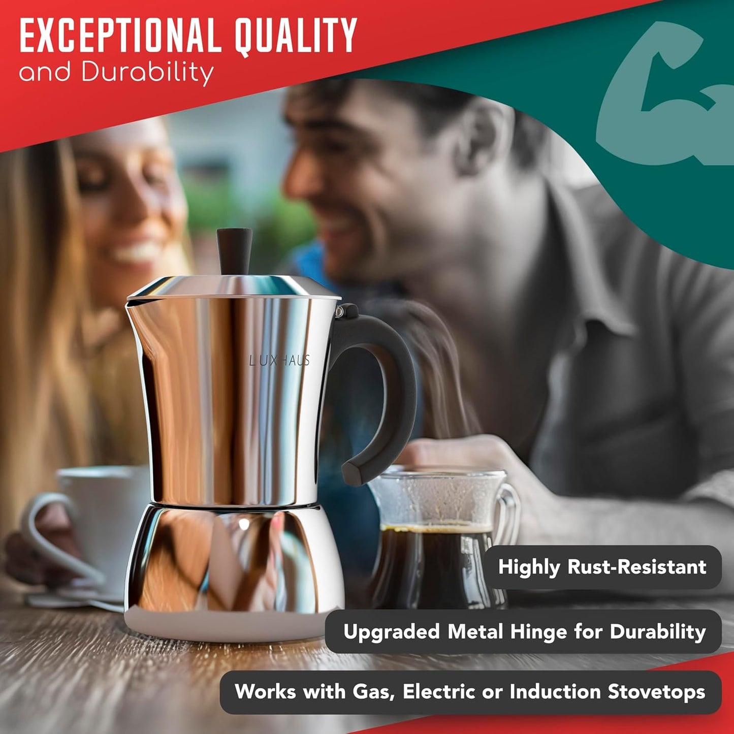 LuxHaus Moka Pot - 9 Cup Stovetop Espresso Maker - 100% Stainless Steel Italian and Cuban Mocha Coffee Maker