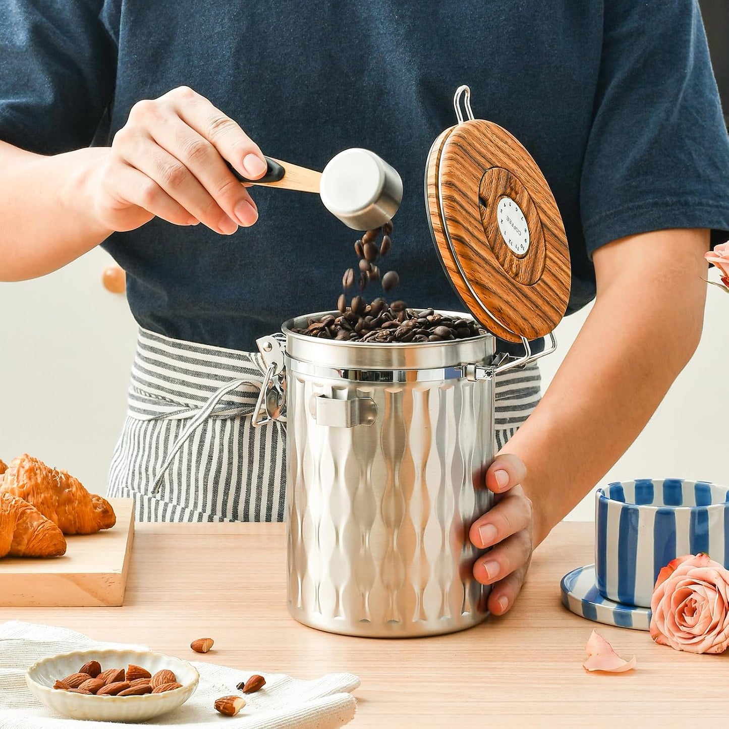 TEDSWAIT Coffee Container with Sealed Cantilever Lid and Scoop, Airtight Stainless Steel Kitchen Food Storage Canister with Date Tracker, 1.8L(Silver)