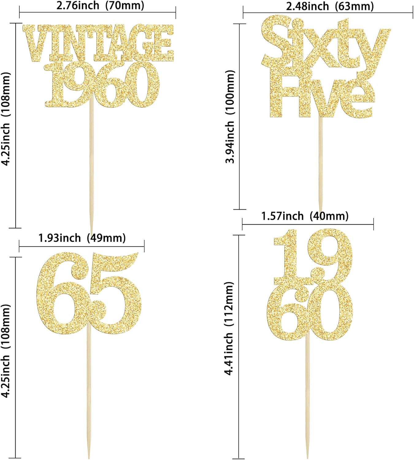 Gyufise 24Pcs 65th Birthday Cupcake Toppers Glitter Cheers to 65 Fabulous Sixty Five Vintage 1960 Cupcake Picks 65th Birthday Wedding Anniversary Party Cake Decorations Supplies Gold