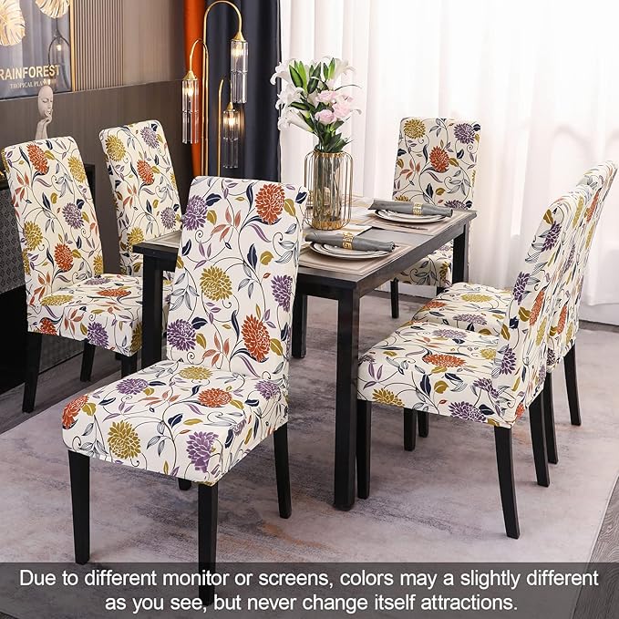 JQinHome Pattern Chair Covers for Dining Room Set of 6, High Stretch Removable Washable Parsons Chair Slipcover for Home Party Hotel Wedding Ceremony (Flower,6PCS)