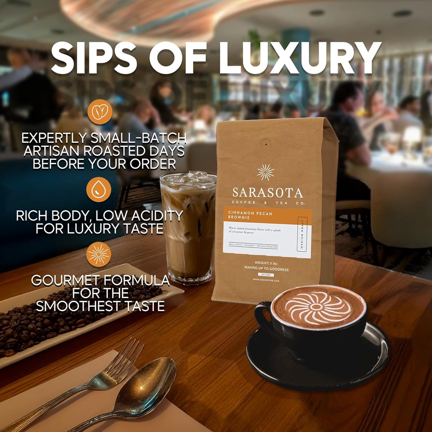 Sarasota Coffee Ground Cinnamon Pecan Brownie | Medium Roast Gourmet Flavored Coffee Grounds | Low Acid, Mold Free, Specialty Grade Flavored Bulk Ground | 5lb (80 oz)