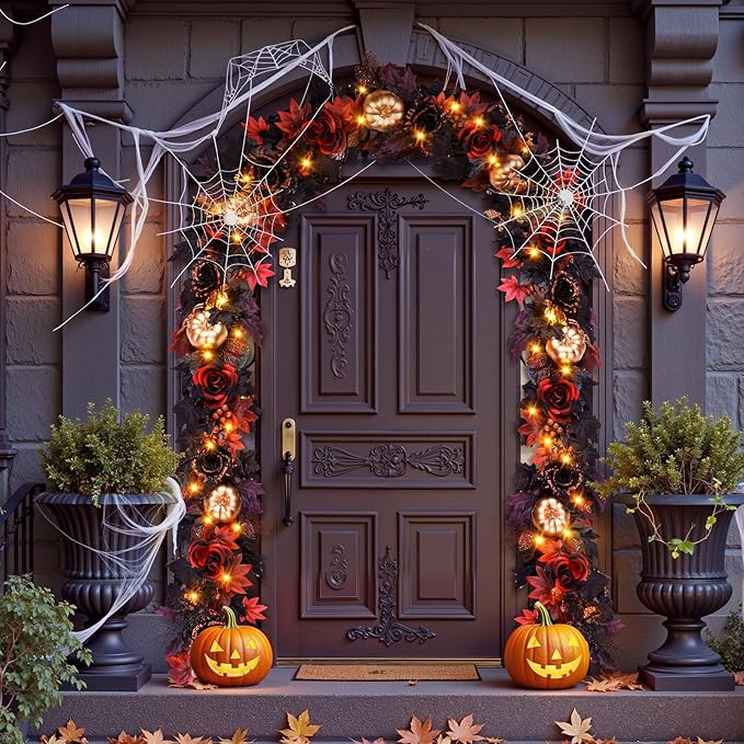 SHareconn 9FT Halloween Garland with Purple Lights Battery Operated and Timer, Pre-Lit Black Red Maple Leaves Lighted Garland Decorations for Fireplace Mantle Centerpiece Indoor Outdoor Decor, 9 FT