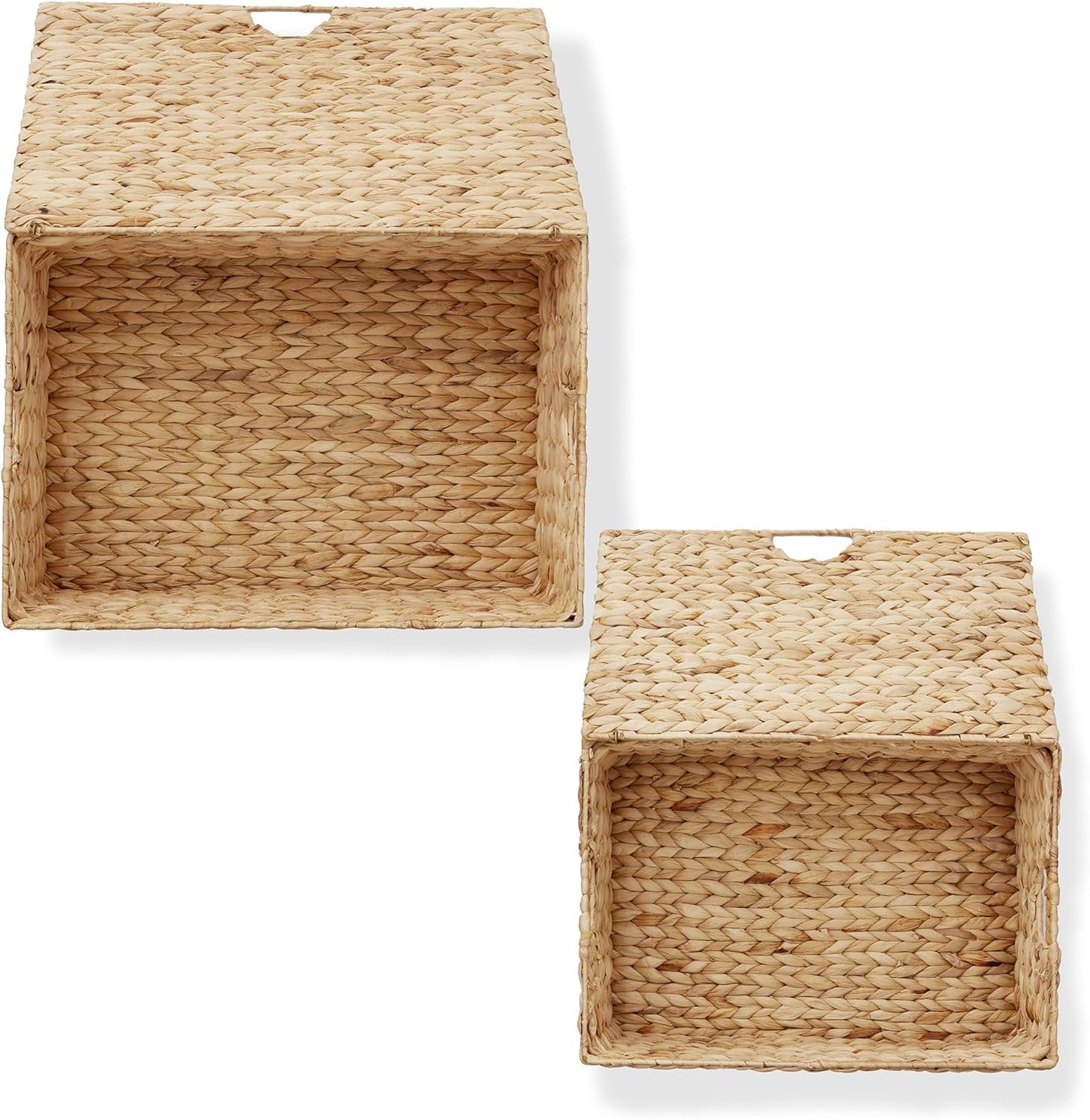 Casafield Set of 2 Water Hyacinth Rectangular Storage Baskets with Lids (Natural - Medium/Large) for Bedroom, Bathroom, Laundry, Home Office