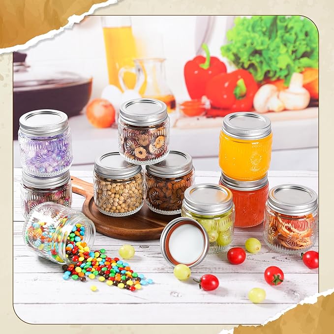 Mason Jars 8 oz - Vintage Small Glass Mason Jars with Silver Metal Lids, Regular Mouth Canning Jars, Safe For Storage, Canning, Pickling, Preserving, Fermenting, DIY Crafts & Decor (8Pack)