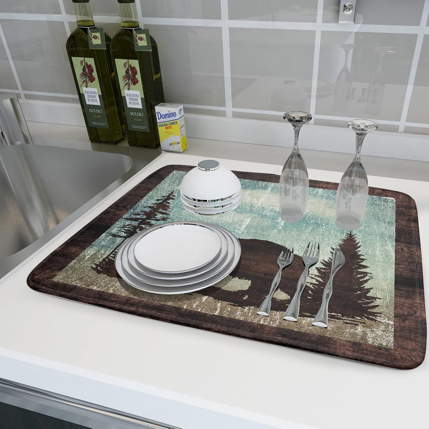 Retro Brown Bear Forest Cabin Dish Drying Mat Countertop 18x24 Fall Blue Sky Cloud Cartoon Wild Animal Bushes Drainer Mat Pine Tree Grass Dishes Pad Rustic Floral Dish Drainer Rack Winter Wildlife