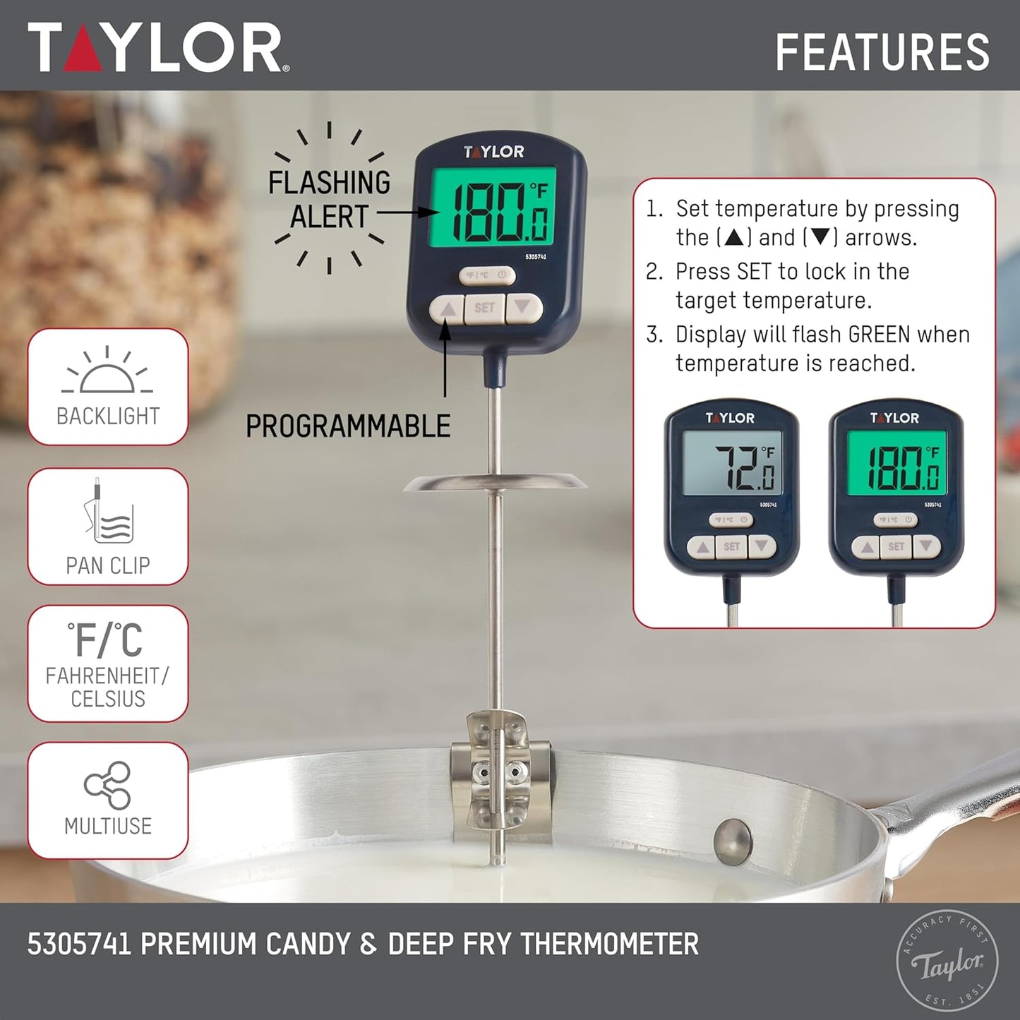 Taylor Digital Premium High Heat Resistant Candy Thermometer, Meat, Deep Fry, Brewing, and Craft Thermometer, with pan/Kettle Clip and Heat Shield, Backlit Display, and Includes 1 CR2032 Battery, Navy