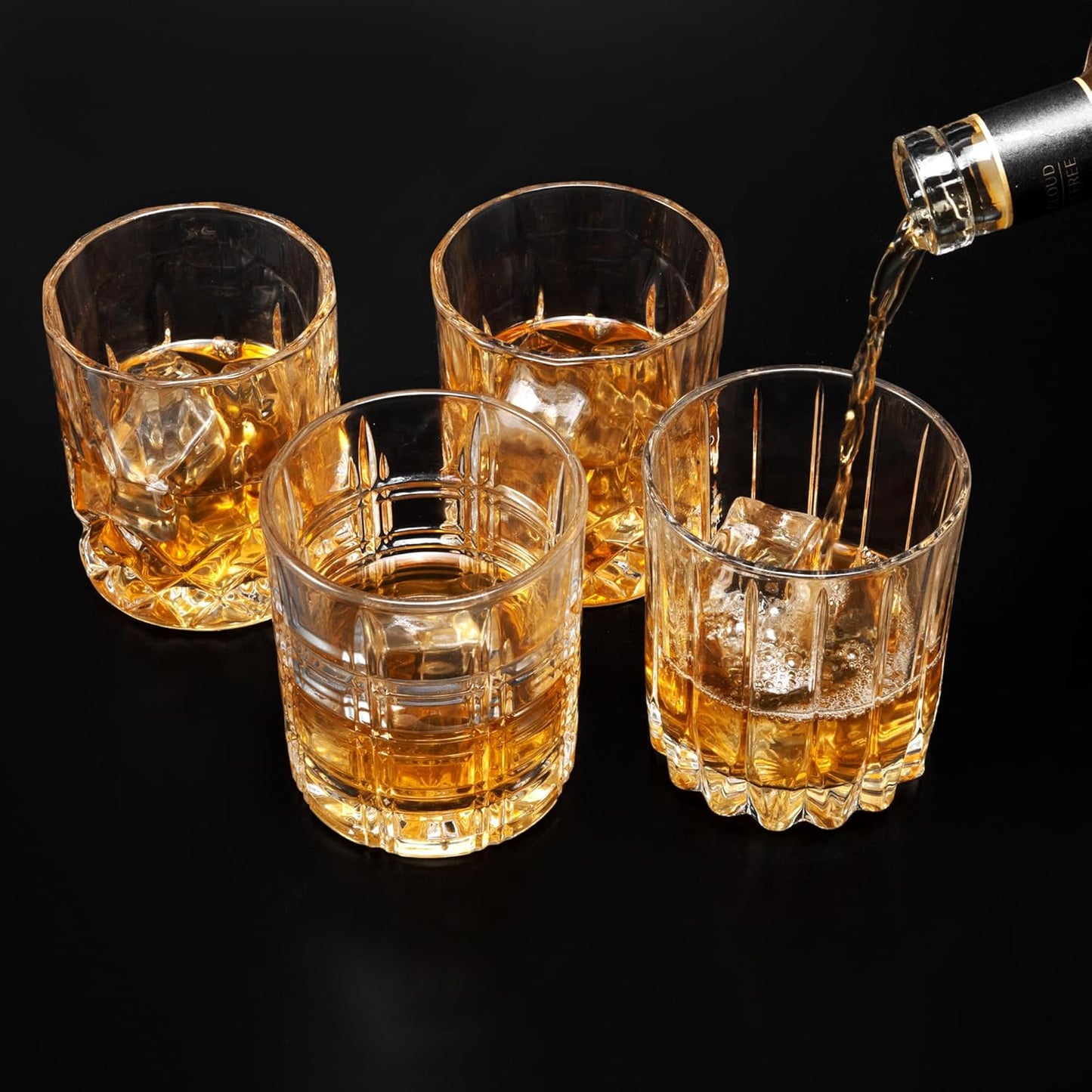 KANARS Old Fashioned Whiskey Glasses - Multi Designs Bourbon Glass 10 oz with Luxury Box - Ultra Clear Crystal Rocks Barware for Scotch, Irish Whisky, Rum and Cocktail - Set of 4